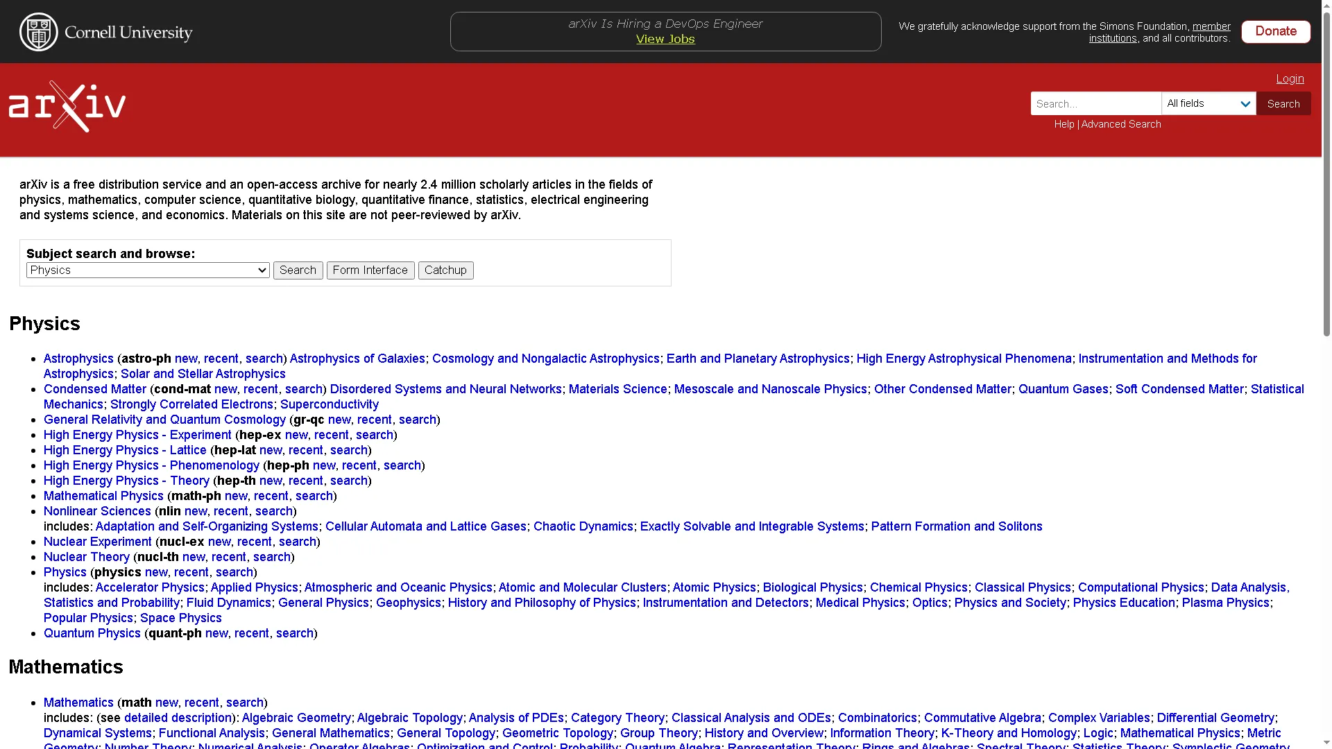 Trang chủ của arXiv, kho lưu trữ học thuật trực tuyến miễn phí của Đại học Cornell, hoạt động từ năm 1991