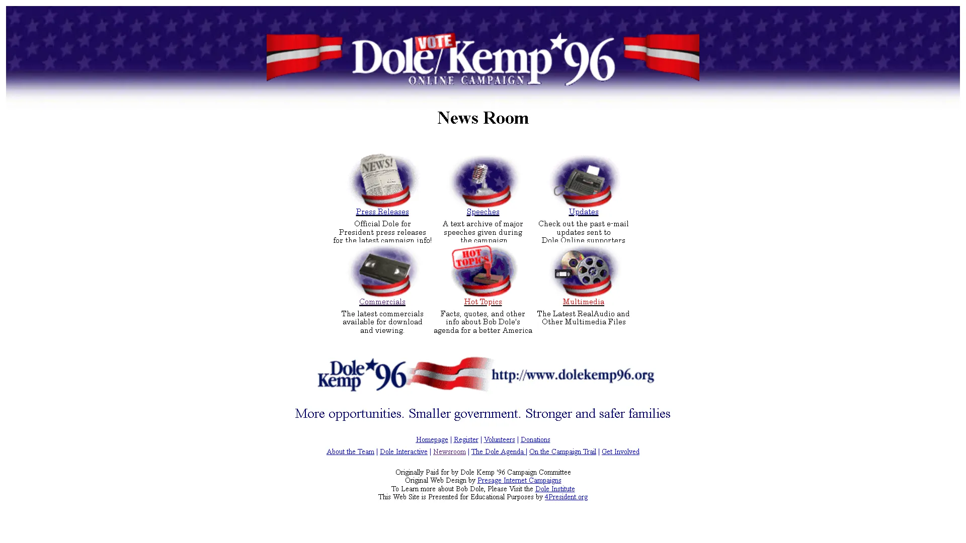Trang chủ của website chiến dịch tranh cử tổng thống Dole và Kemp năm 1996, một dấu ấn lịch sử của Internet