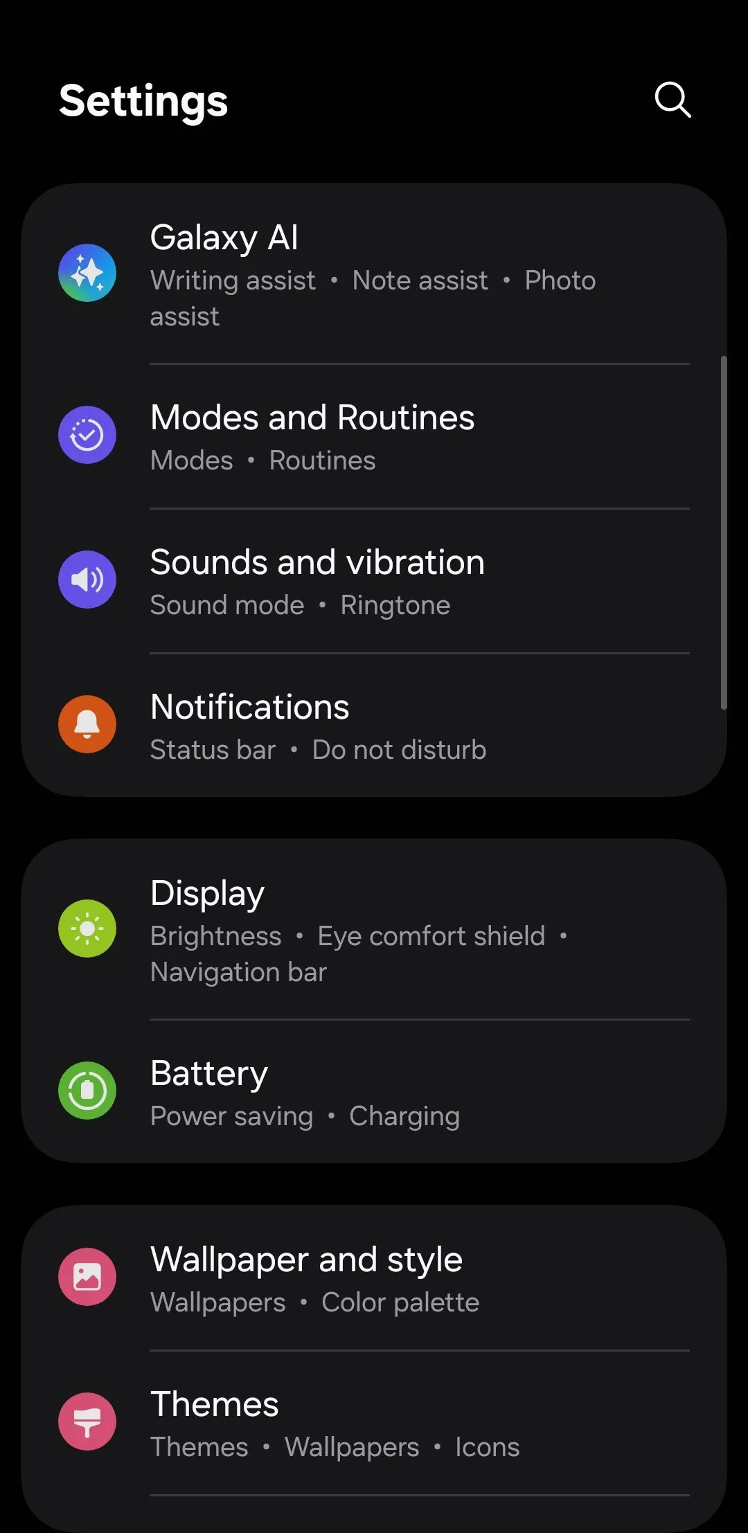 Trang chủ menu cài đặt trên điện thoại Android, nơi bắt đầu điều chỉnh thiết lập
