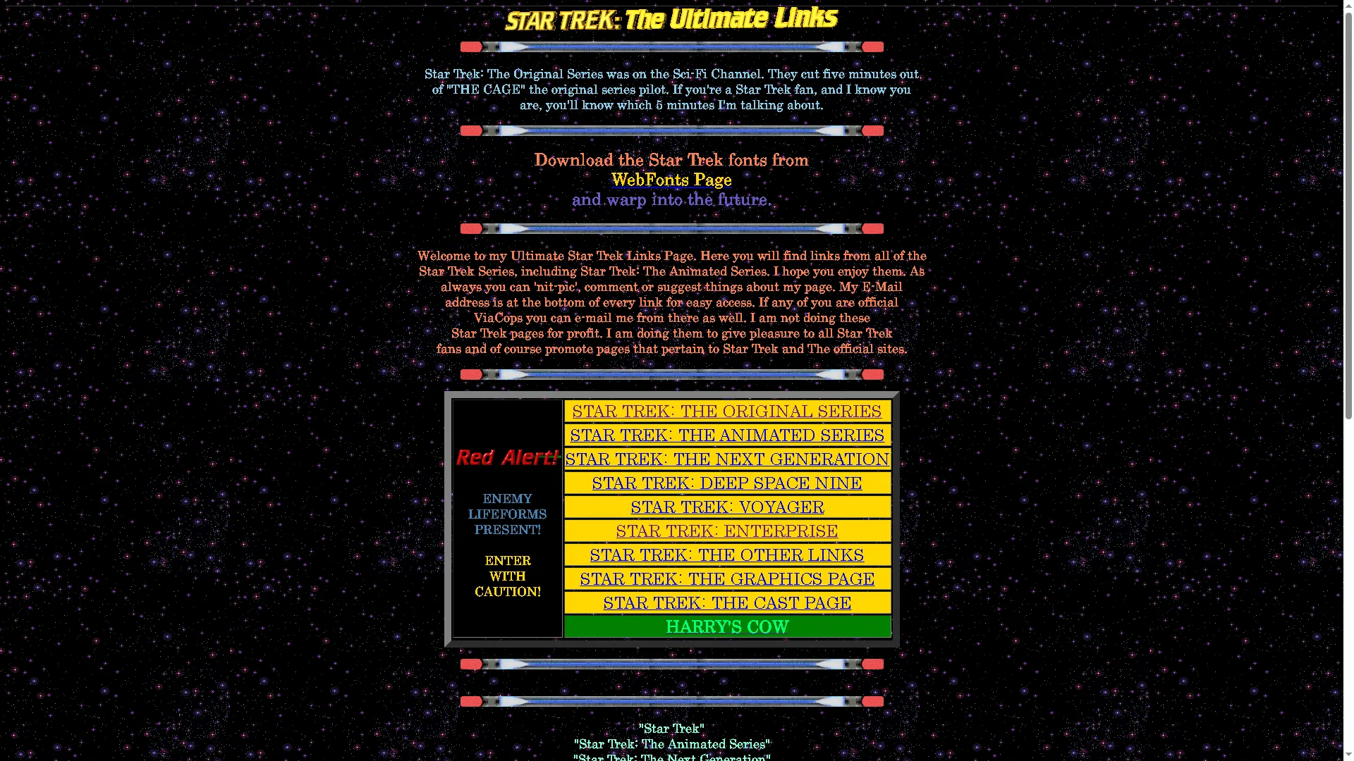Trang chủ Star Trek The Ultimate Links, một fan site cổ điển từ thập niên 90 với giao diện HTML đơn giản
