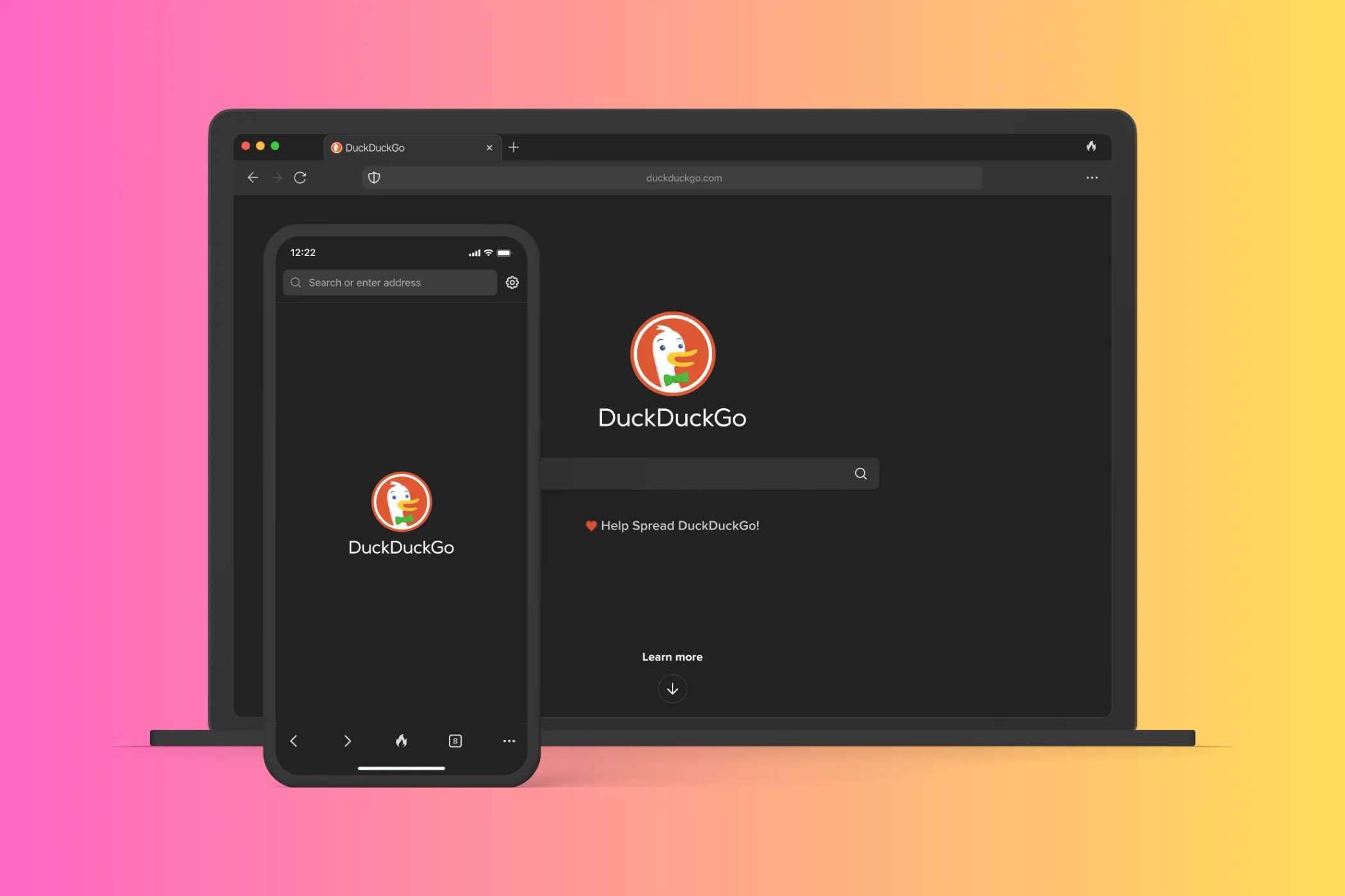 Trang chủ trình duyệt DuckDuckGo trên cả máy tính xách tay và thiết bị di động, nổi bật với khả năng tìm kiếm và duyệt web riêng tư.