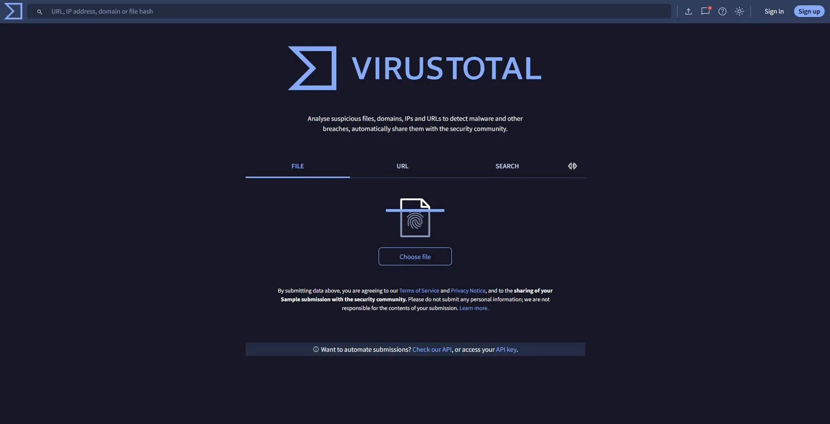 Trang chủ VirusTotal với tùy chọn tải tệp tin, URL, hoặc tìm kiếm hash để kiểm tra mã độc trực tuyến