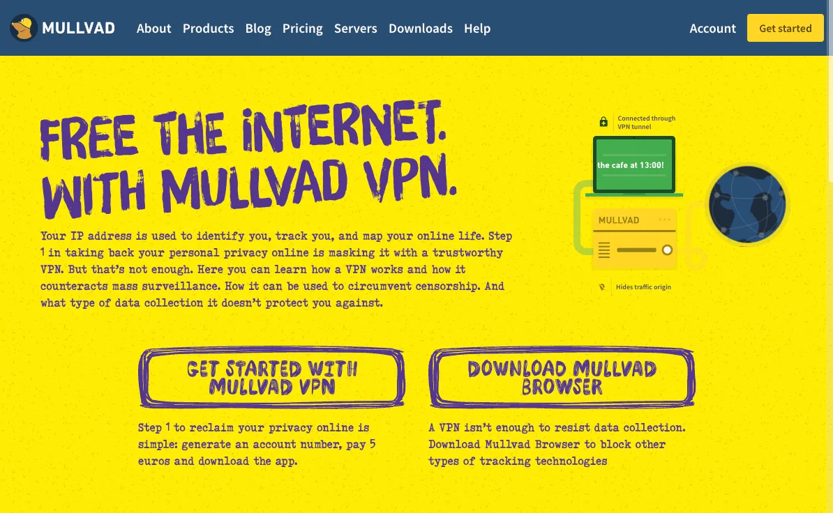Trang chủ website Mullvad VPN, giới thiệu dịch vụ mạng riêng ảo ưu tiên quyền riêng tư và ẩn danh
