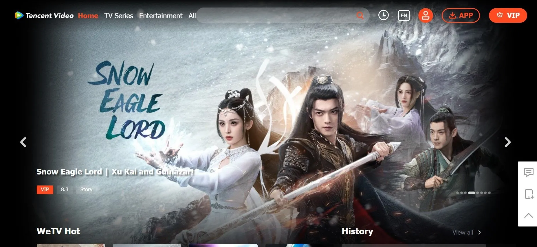 Trang chủ WeTV VIP (phiên bản quốc tế của Tencent Video) hiển thị các bộ phim và chương trình giải trí châu Á.