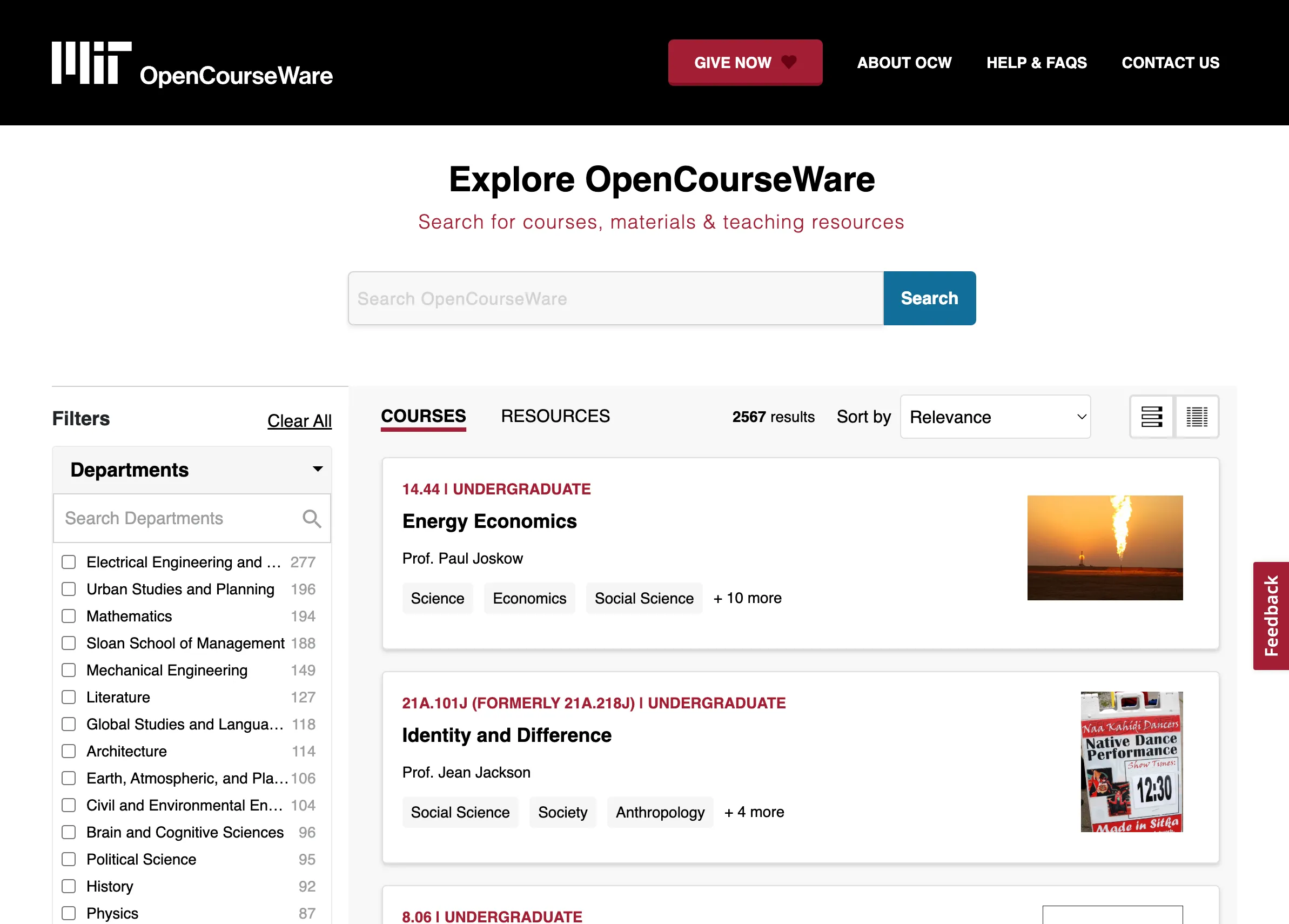 Trang duyệt khóa học của MIT OpenCourseWare, nơi cung cấp miễn phí tài liệu học từ các khóa học danh tiếng của MIT.