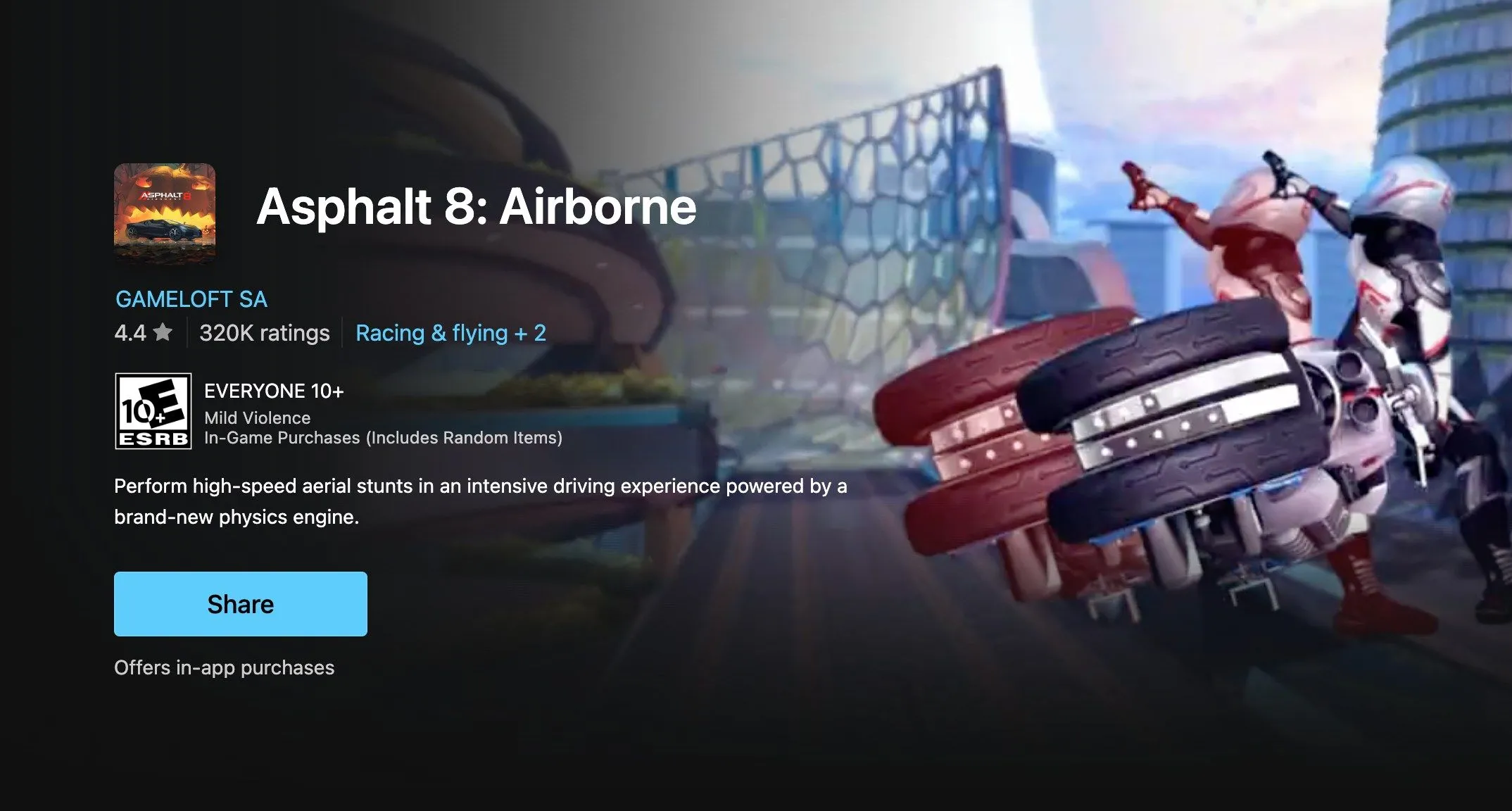 Trang game Asphalt 8: Airborne trên Microsoft Store, một trong những ứng dụng có thể gây lỗi Windows 11