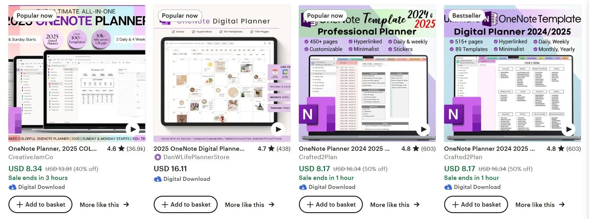 Trang kết quả tìm kiếm Etsy hiển thị các mẫu template OneNote