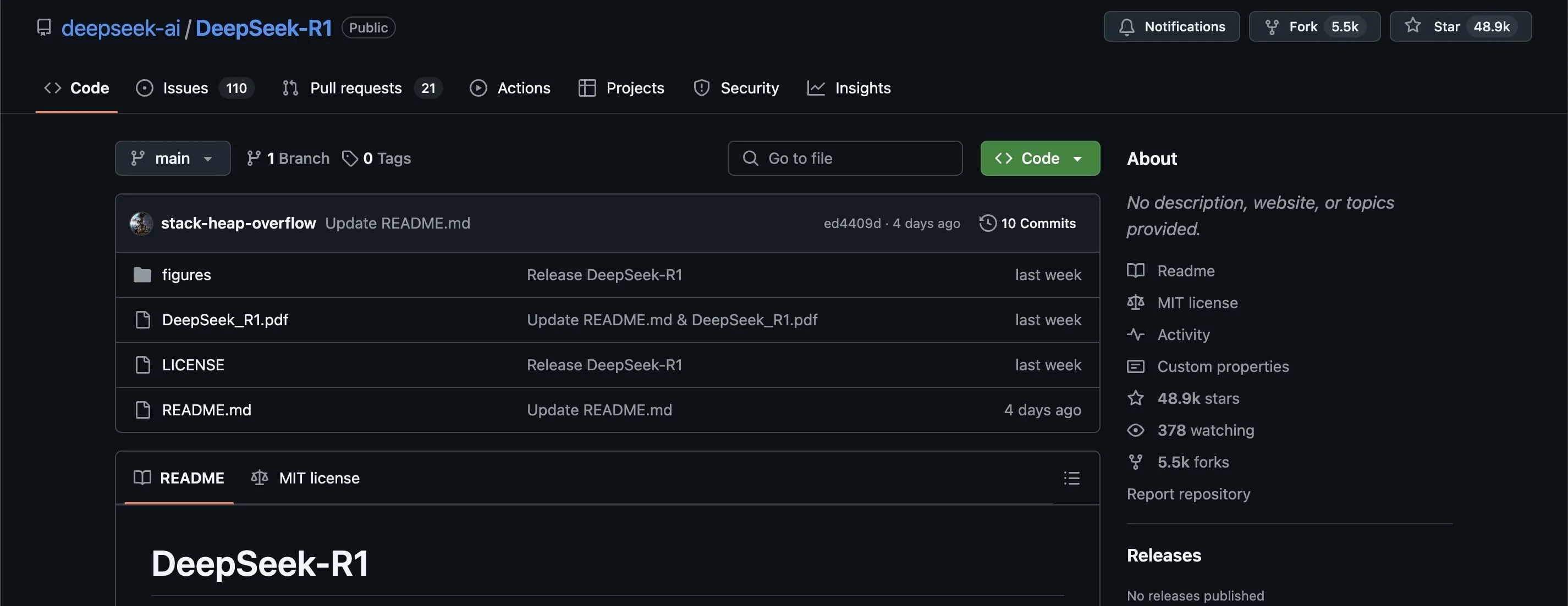 Trang kho lưu trữ mã nguồn DeepSeek trên GitHub, minh họa tính năng mã nguồn mở của DeepSeek AI
