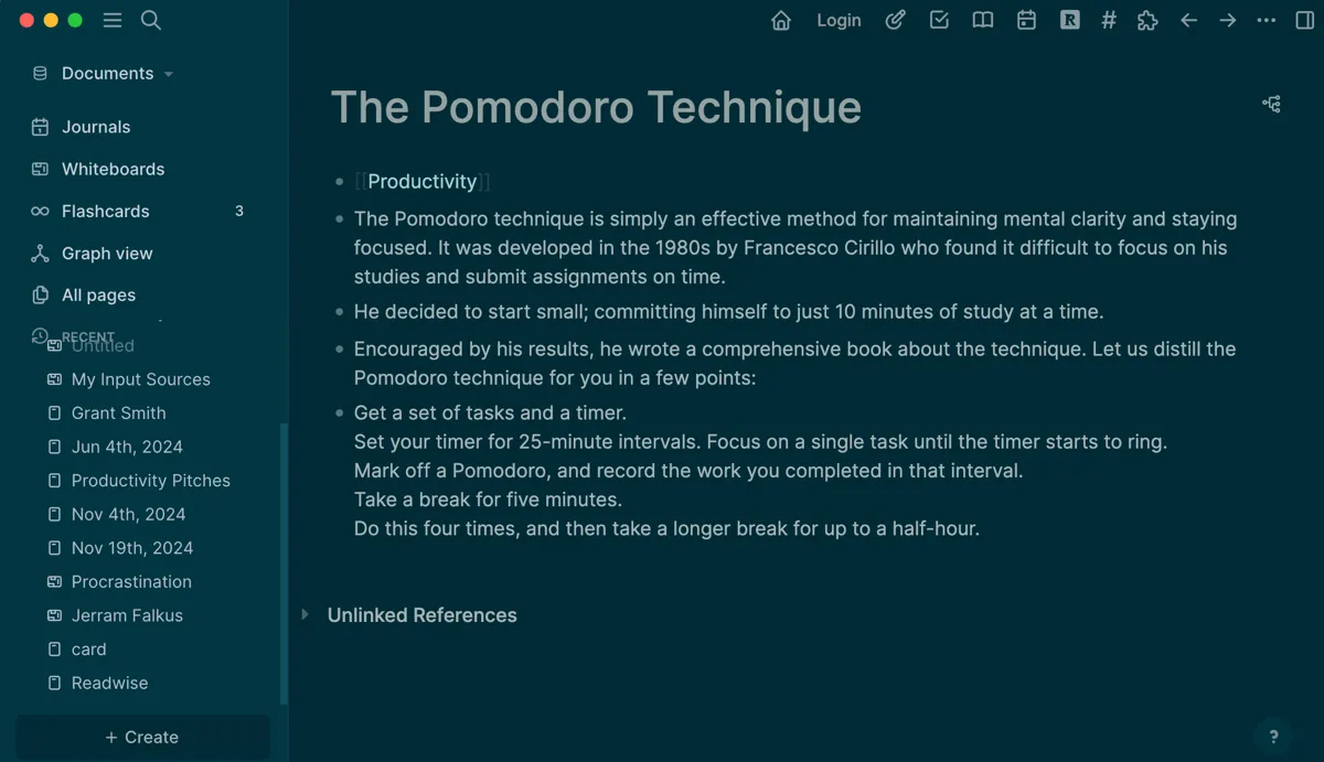 Trang Logseq minh họa kỹ thuật Pomodoro với liên kết hai chiều đến các chủ đề năng suất, thể hiện khả năng kết nối ý tưởng của PKM