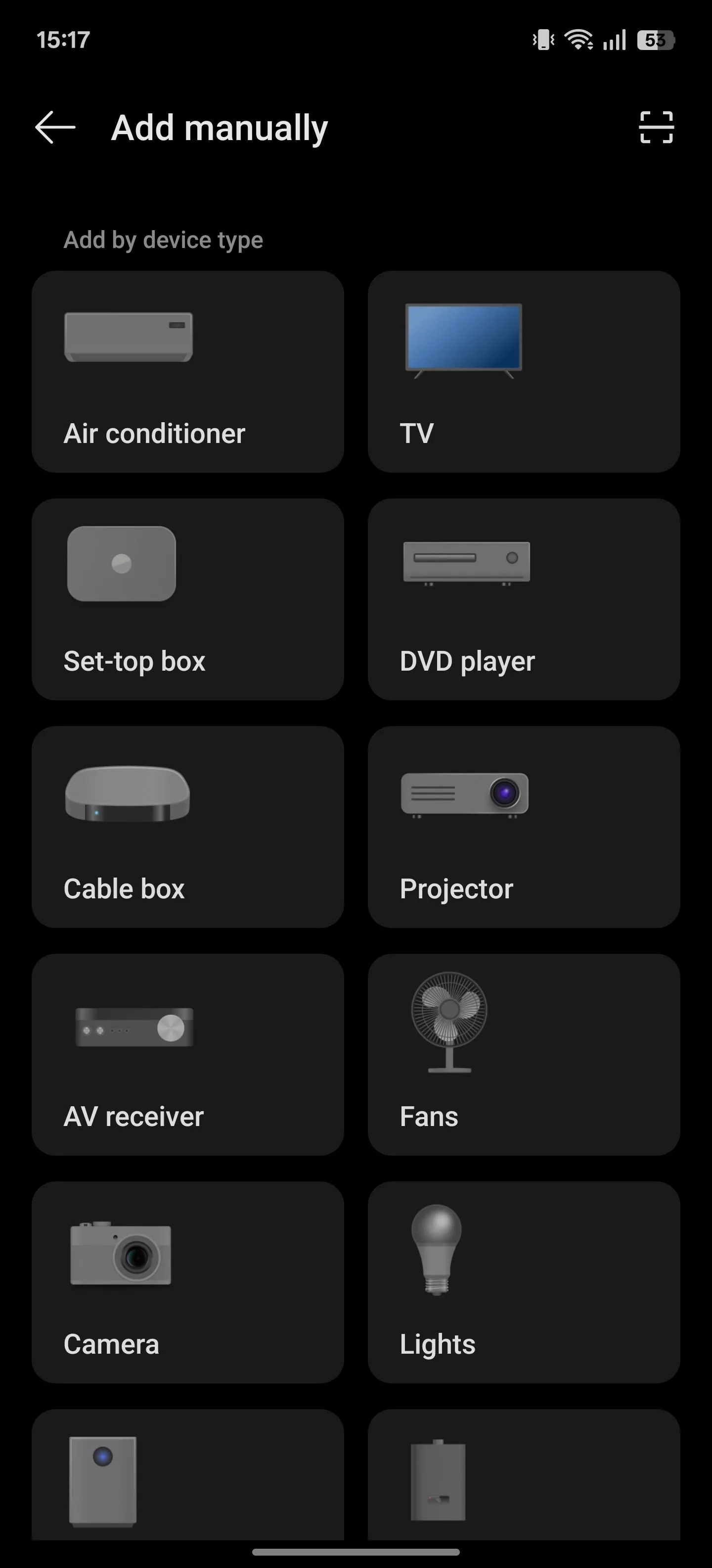 Trang lựa chọn loại thiết bị để thiết lập điều khiển trong ứng dụng IR Remote trên OnePlus