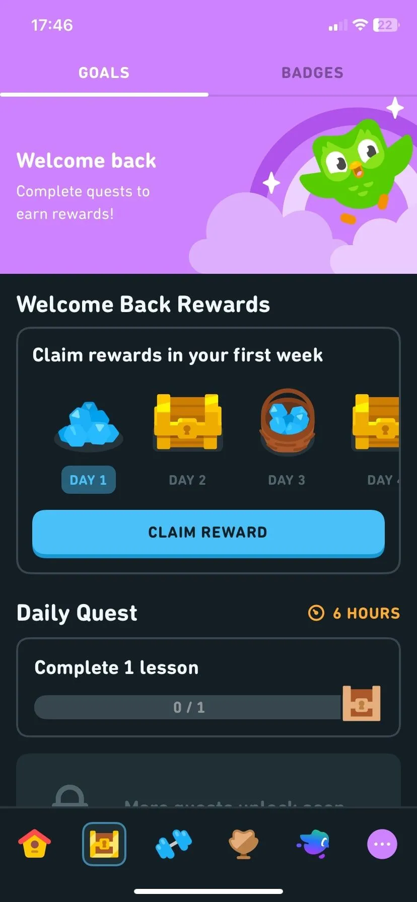 Trang mục tiêu và tiến độ học ngôn ngữ trên ứng dụng Duolingo.