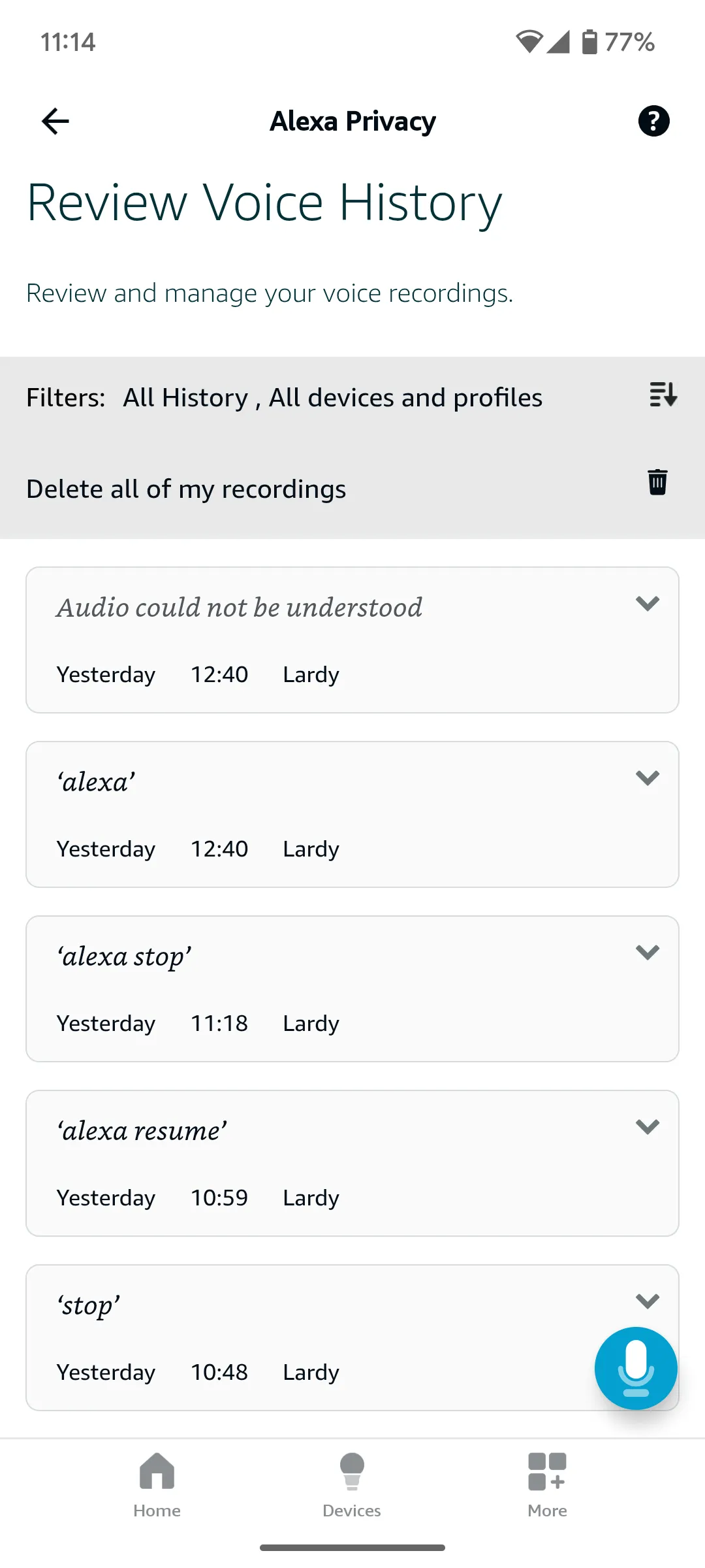 Trang quản lý các bản ghi âm giọng nói của bạn trên ứng dụng Alexa, cho phép xem lại và xóa lịch sử tương tác.