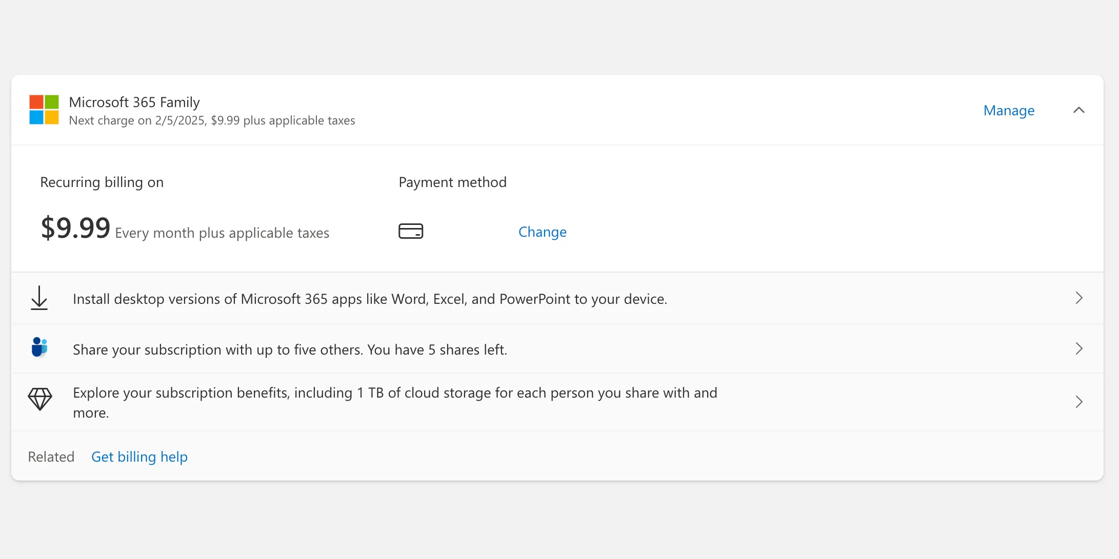Trang quản lý gói đăng ký Microsoft 365 hiển thị các gói Family và Personal