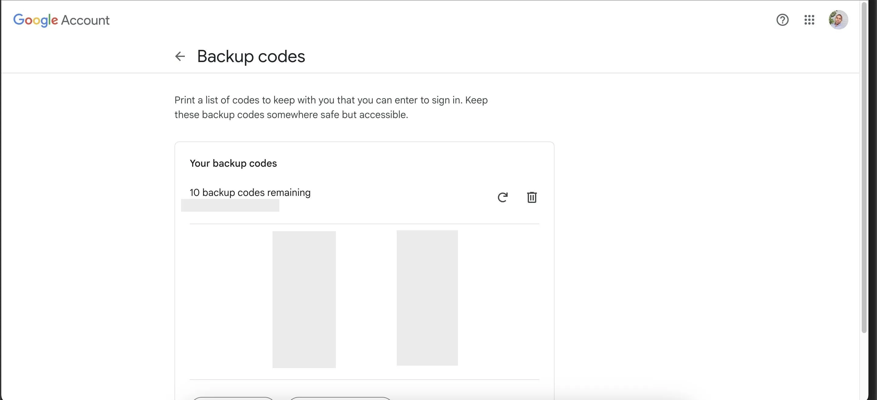 Trang quản lý mã dự phòng trong cài đặt tài khoản Google, hiển thị các mã khôi phục một lần.