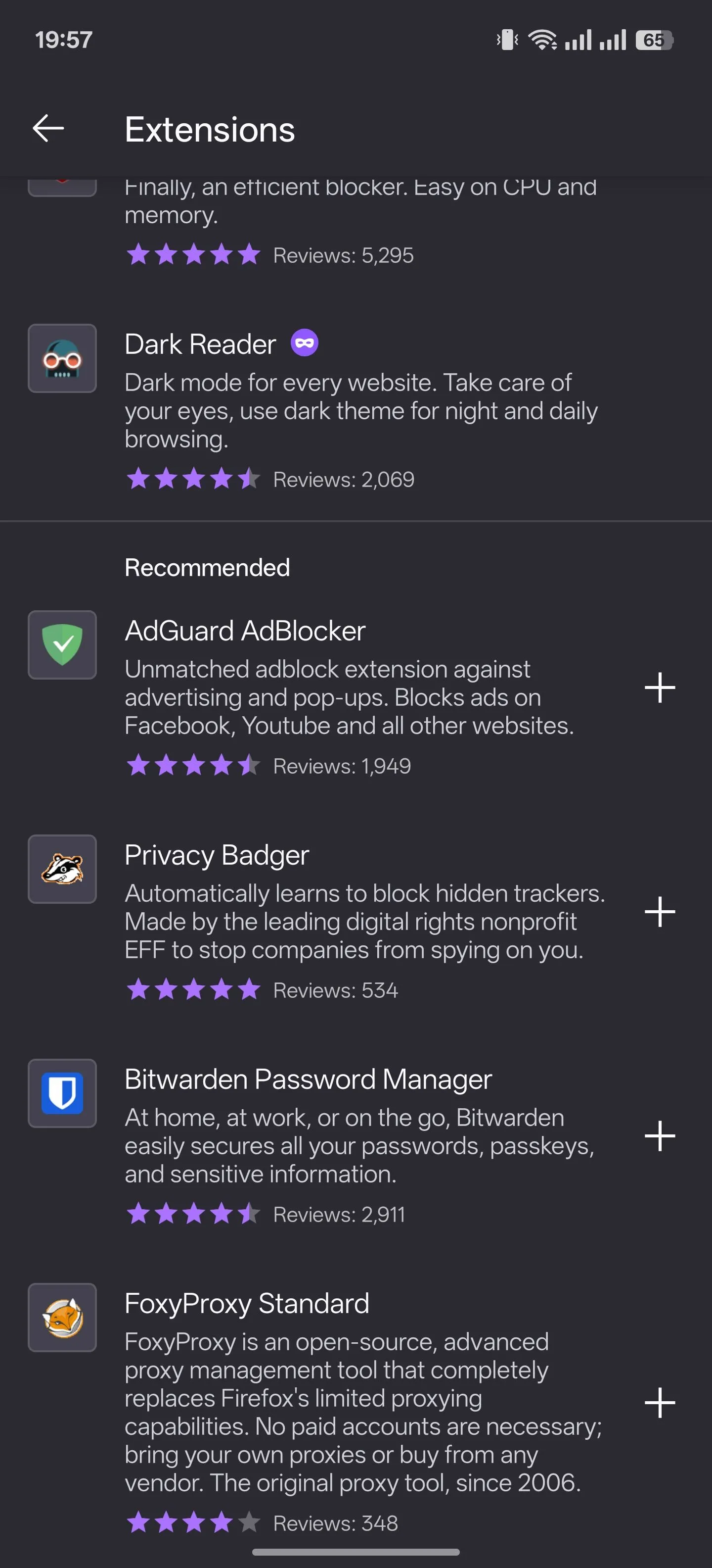 Trang quản lý tiện ích mở rộng trong trình duyệt Firefox dành cho Android