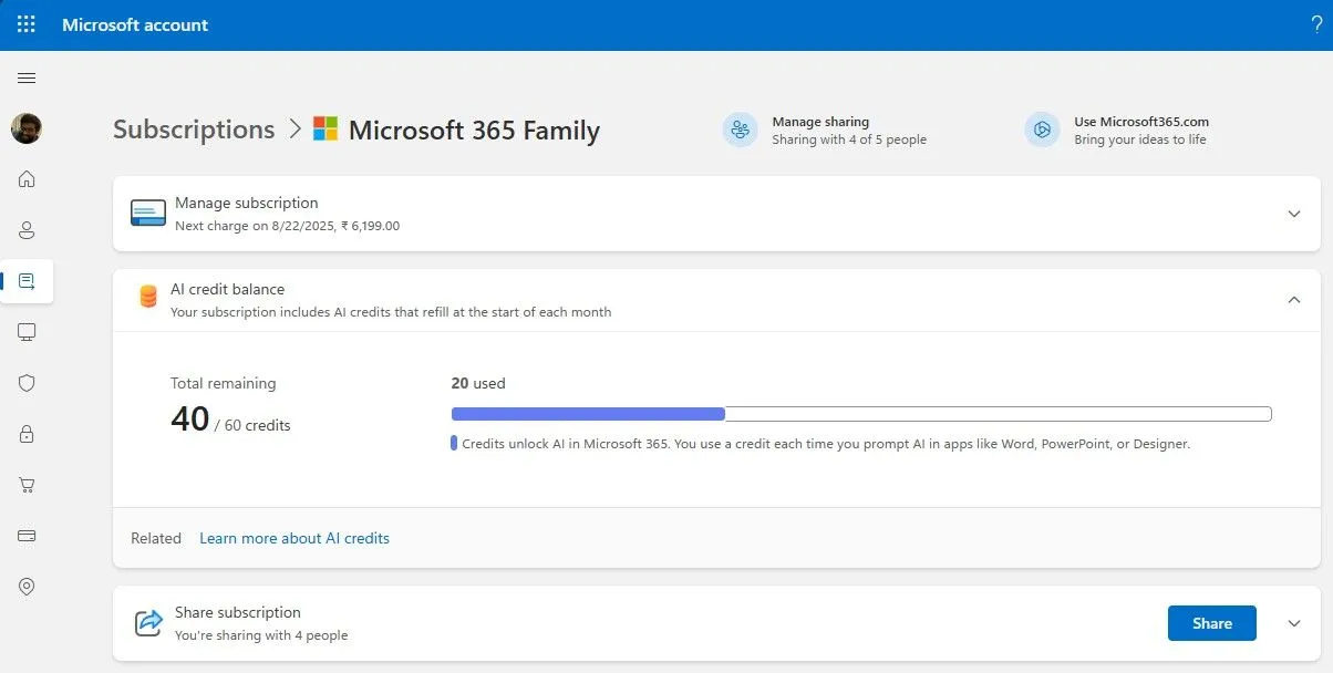 Trang tài khoản Microsoft hiển thị số dư tín dụng AI còn lại cho Microsoft 365, giúp người dùng theo dõi mức tiêu thụ