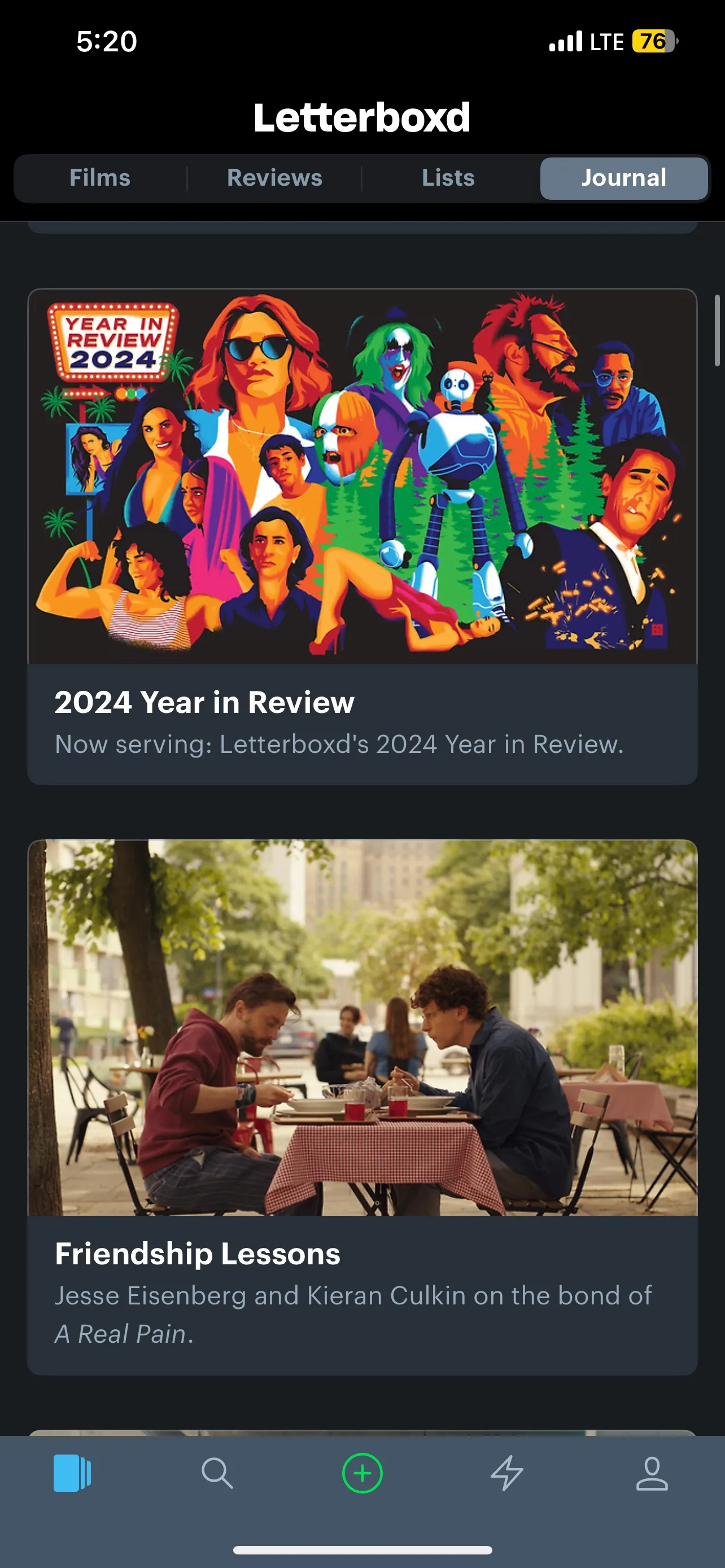 Trang Tạp chí Letterboxd (Journal) hiển thị các bài viết chuyên sâu và tổng kết năm, cung cấp thêm nguồn khám phá phim ảnh.
