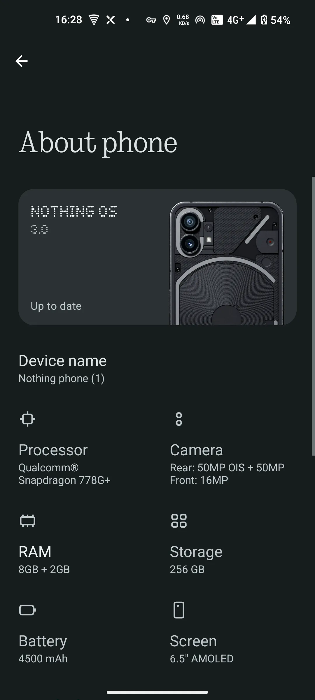 Trang thông tin &quot;Giới thiệu về điện thoại&quot; trên Nothing Phone, nơi truy cập chi tiết SIM để xem thông số sóng