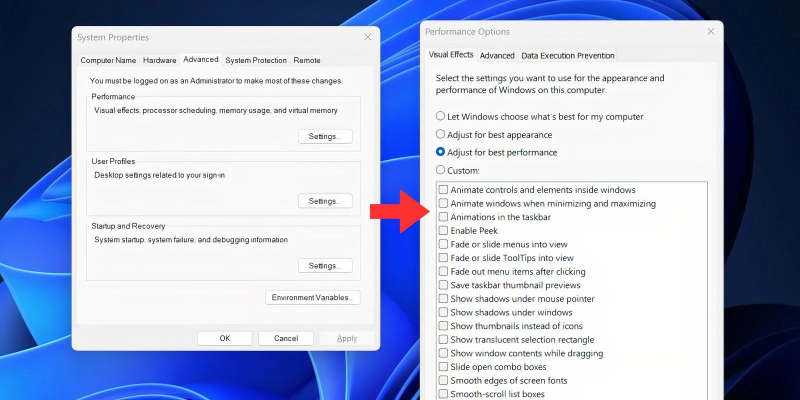 Trang tiện ích Hiệu ứng Hình ảnh trên Windows 11 với tùy chọn Điều chỉnh để có hiệu suất tốt nhất