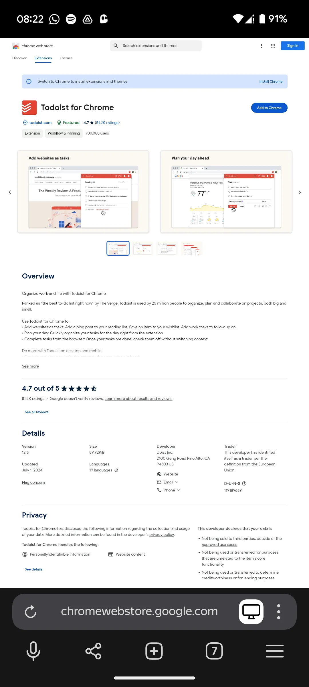 Trang tiện ích Todoist trong Chrome Web Store khi truy cập bằng Yandex Browser, hiển thị nút &quot;Add to Chrome&quot;.