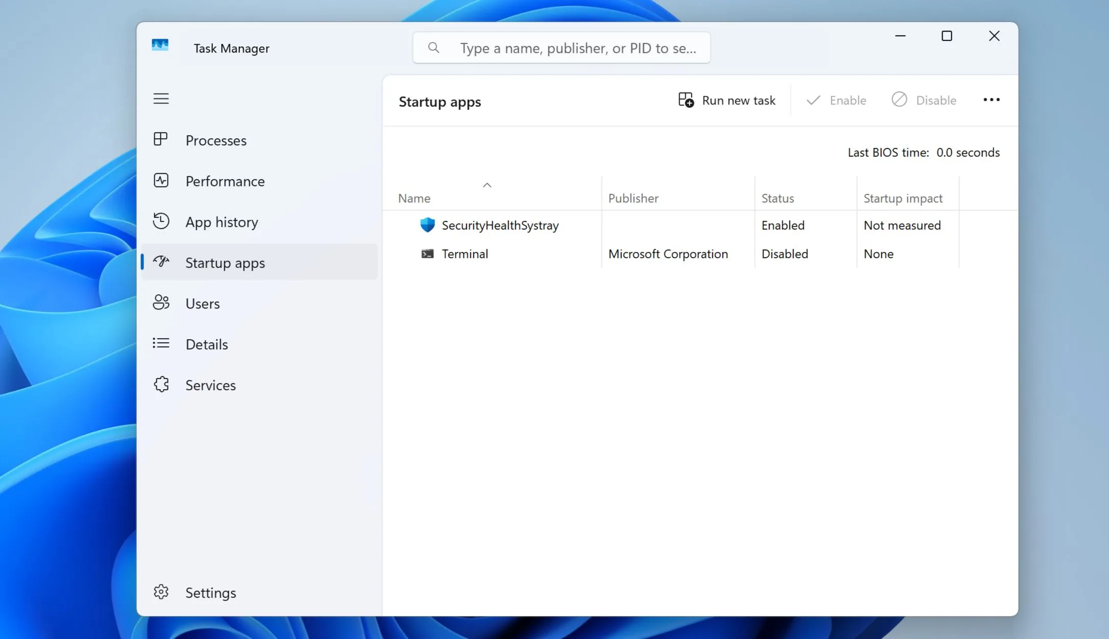 Trang ứng dụng khởi động trong Windows 11 hiển thị các chương trình tự khởi chạy