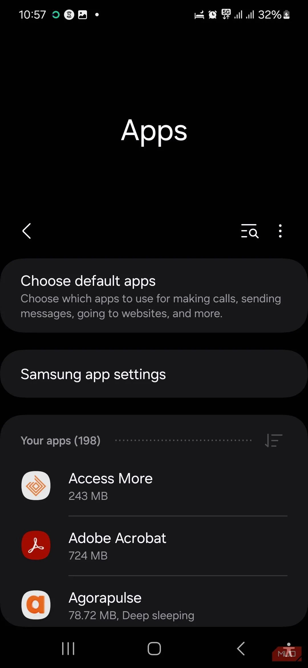 Trang ứng dụng trong cài đặt điện thoại Samsung hiển thị danh sách các ứng dụng đã cài đặt