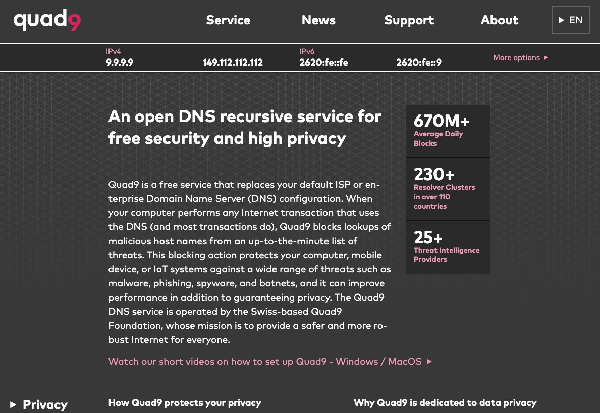 Trang web chính thức của Quad9 DNS Resolver, làm nổi bật các tính năng bảo mật và quyền riêng tư