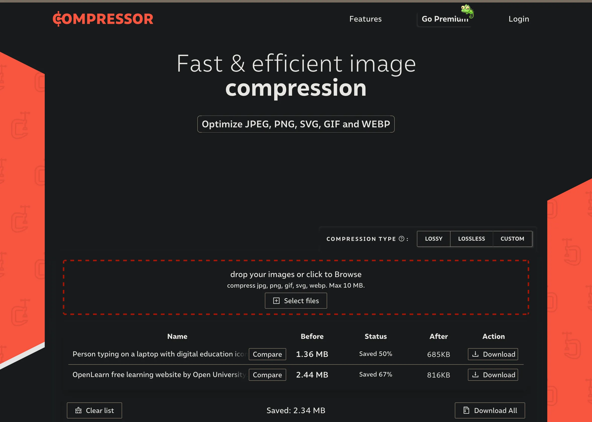 Trang web Compressor.io hiển thị giao diện nén ảnh trực tuyến