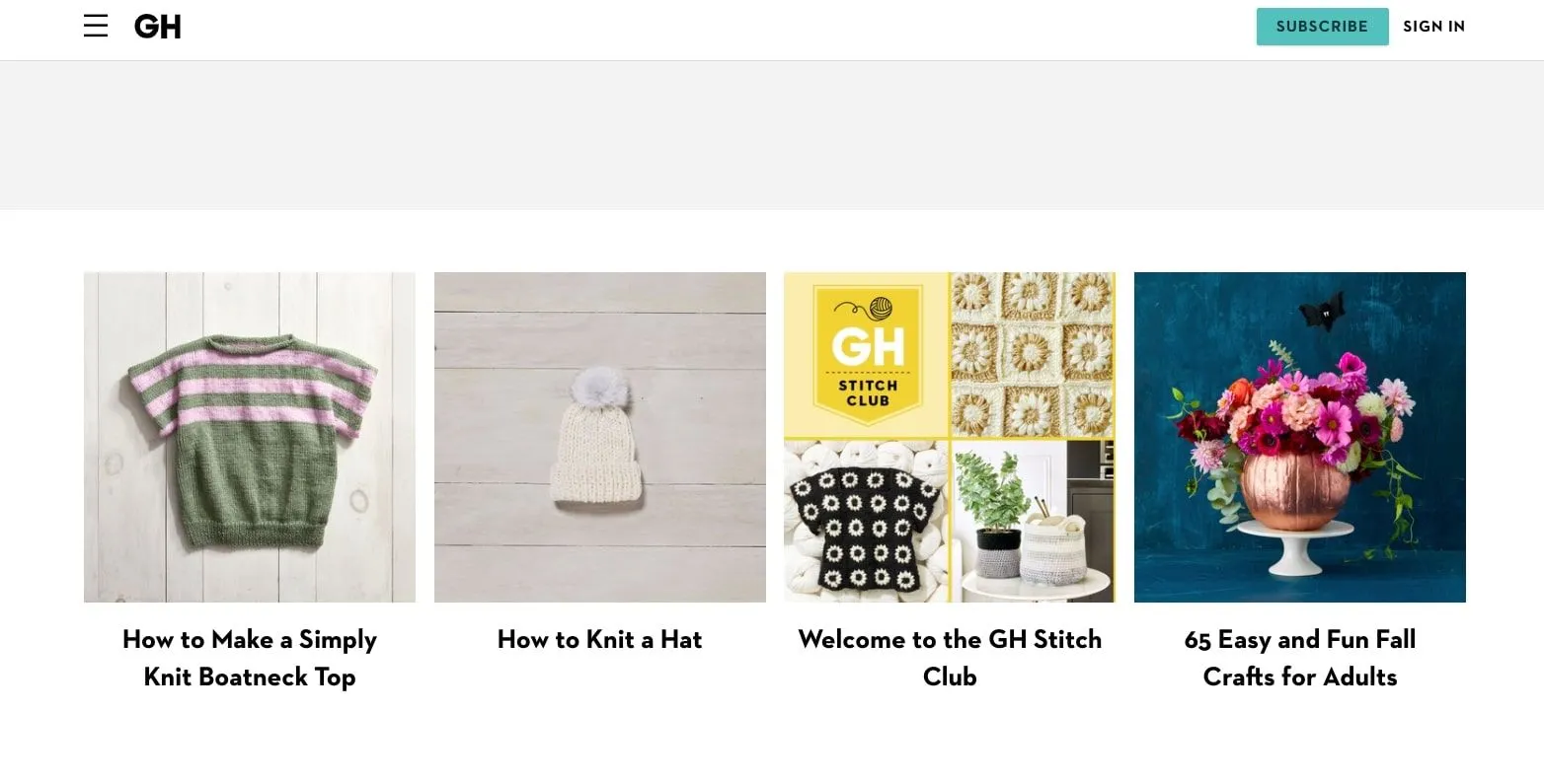 Trang web Good Housekeeping với các dự án thủ công DIY, nổi bật là các mẫu đan và may vá.