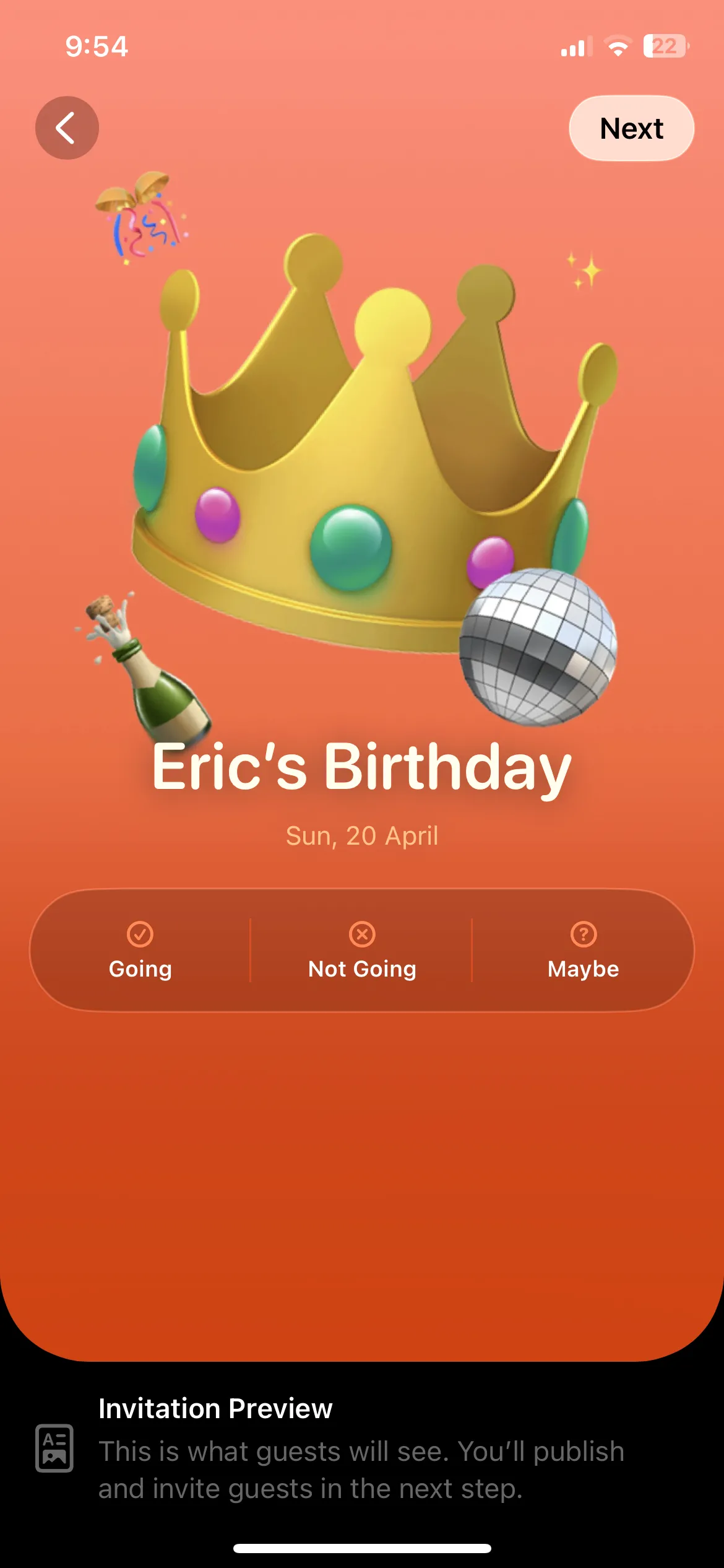 Trang xem trước thiệp mời đã tạo trong ứng dụng Apple Invites trên iPhone, cho phép người dùng kiểm tra trước khi gửi.