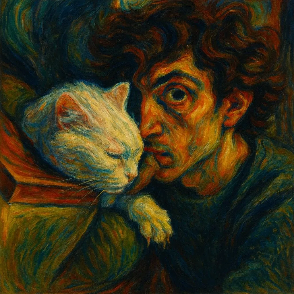 Tranh AI phong cách Biểu hiện (Expressionism) của một người đàn ông và mèo trắng