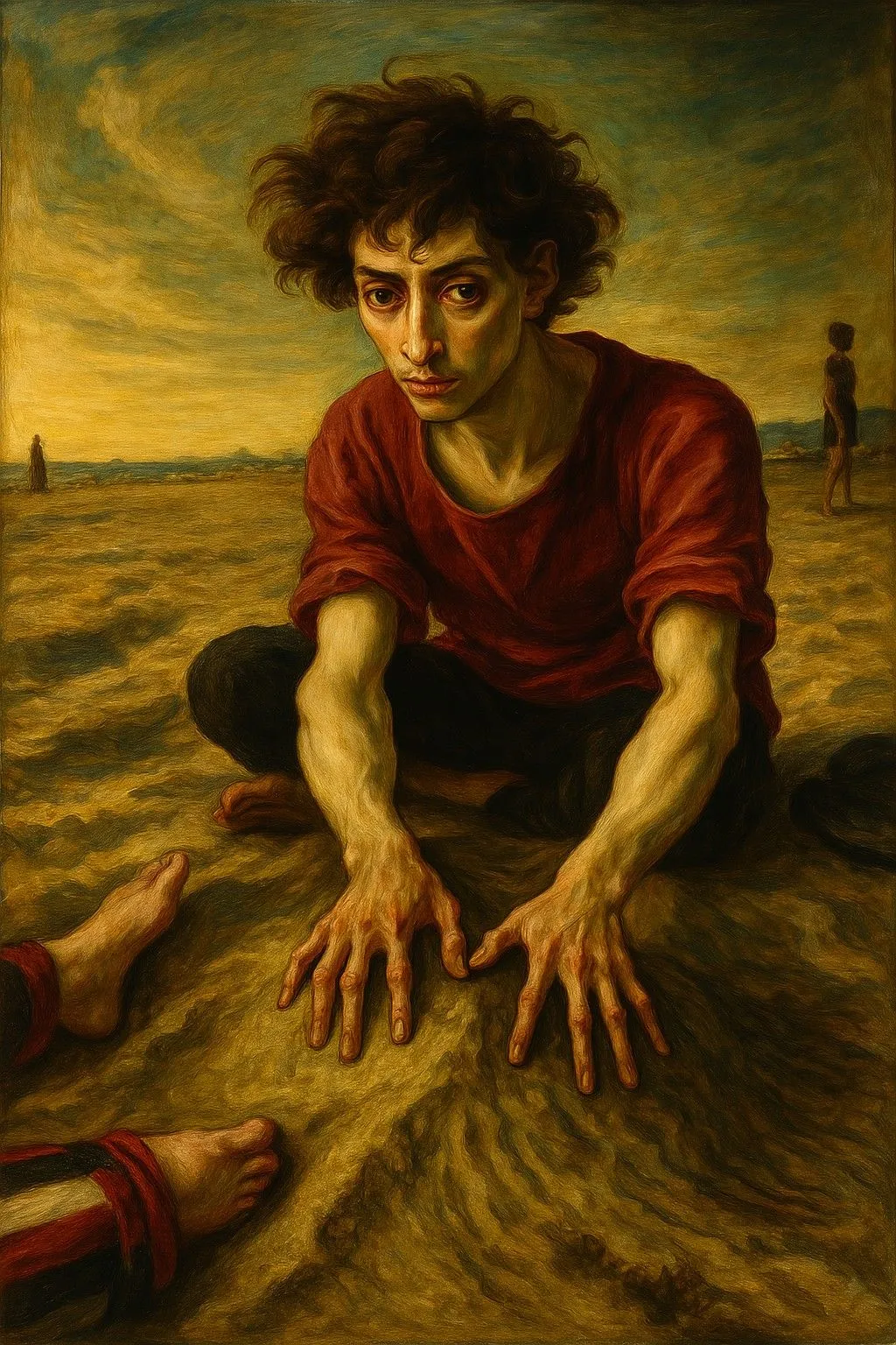 Tranh AI phong cách Mannerism thể hiện người đàn ông ngồi trên biển