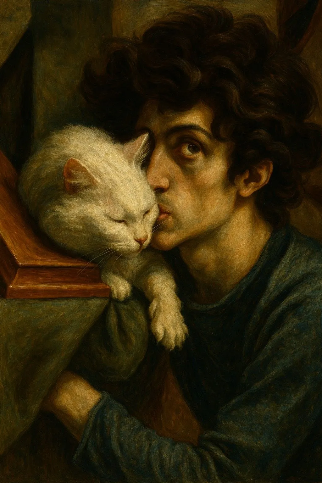 Tranh vẽ AI phong cách Kiểu cách (Mannerism) một người đàn ông và mèo trắng