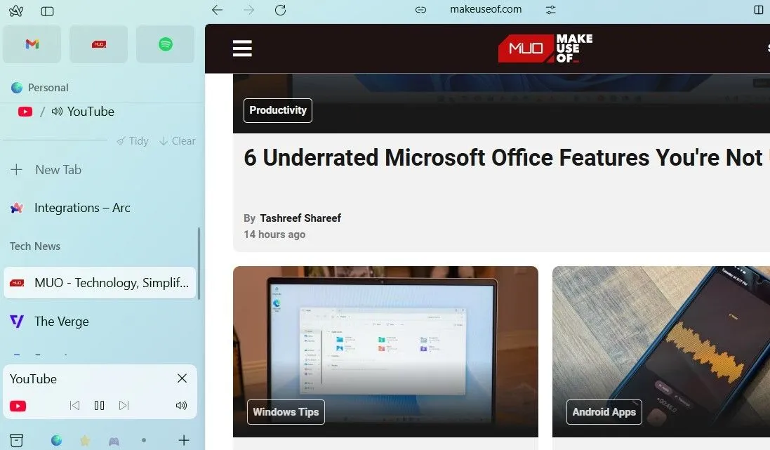 Trình phát YouTube mini pop-up trong Arc Browser cho phép điều khiển nhạc/video