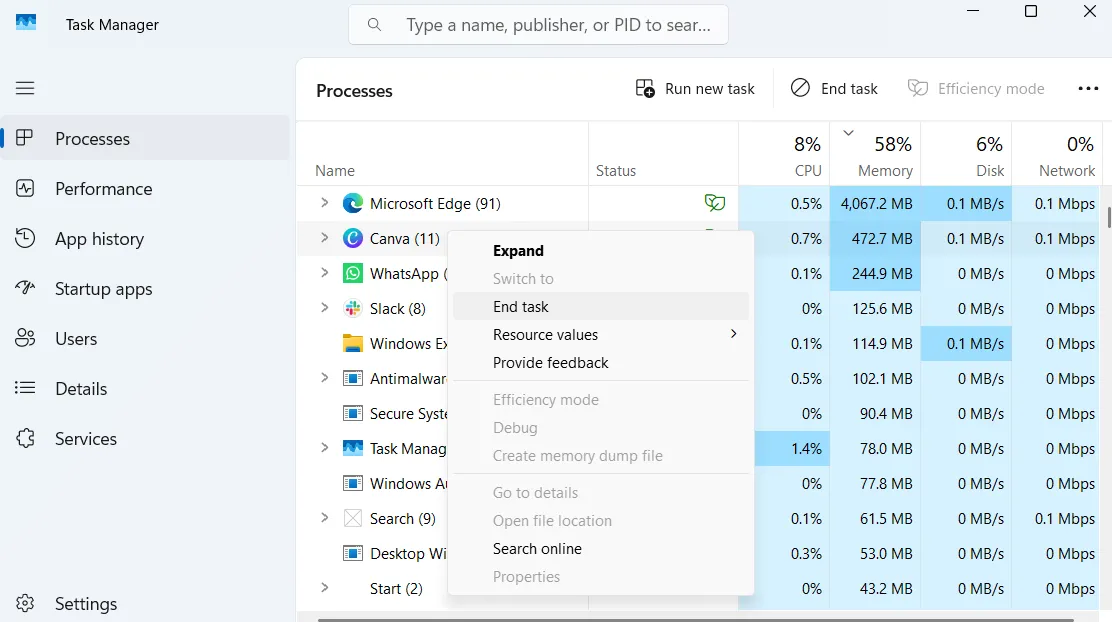 Trình quản lý tác vụ Windows hiển thị tùy chọn End task cho ứng dụng Canva đang bị treo