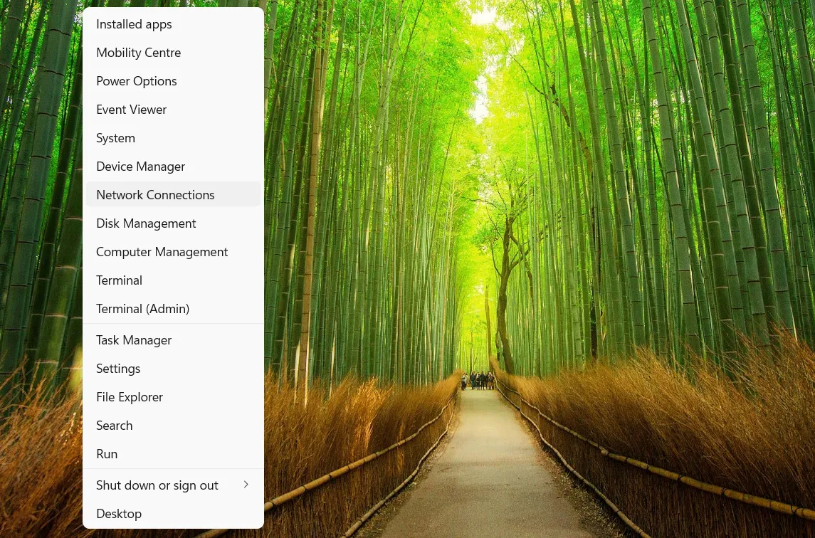 Truy cập cửa sổ Kết nối Mạng qua menu truy cập nhanh Win + X trong Windows