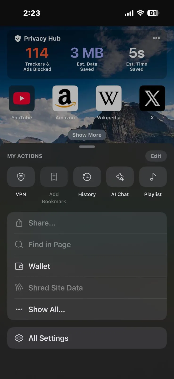 Truy cập menu Cài đặt trên ứng dụng Brave Mobile