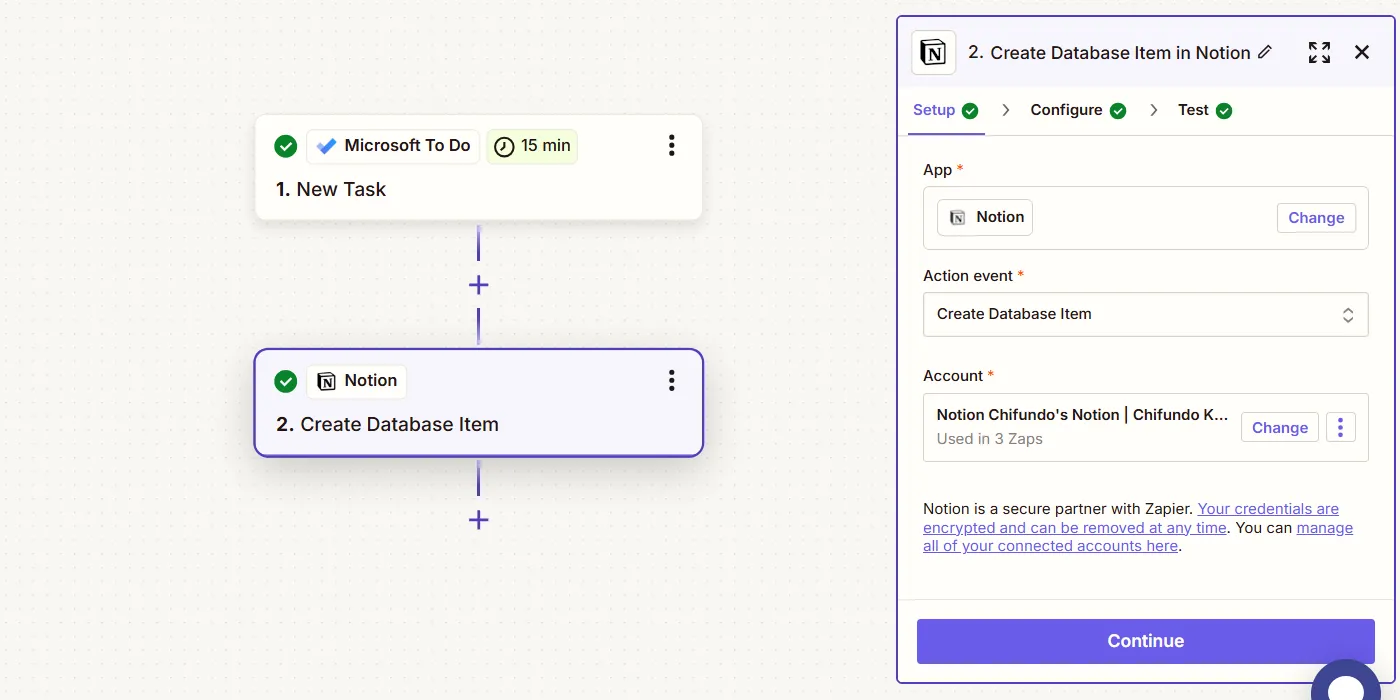 Tự động tạo mục database Notion từ tác vụ Microsoft To Do qua Zapier.
