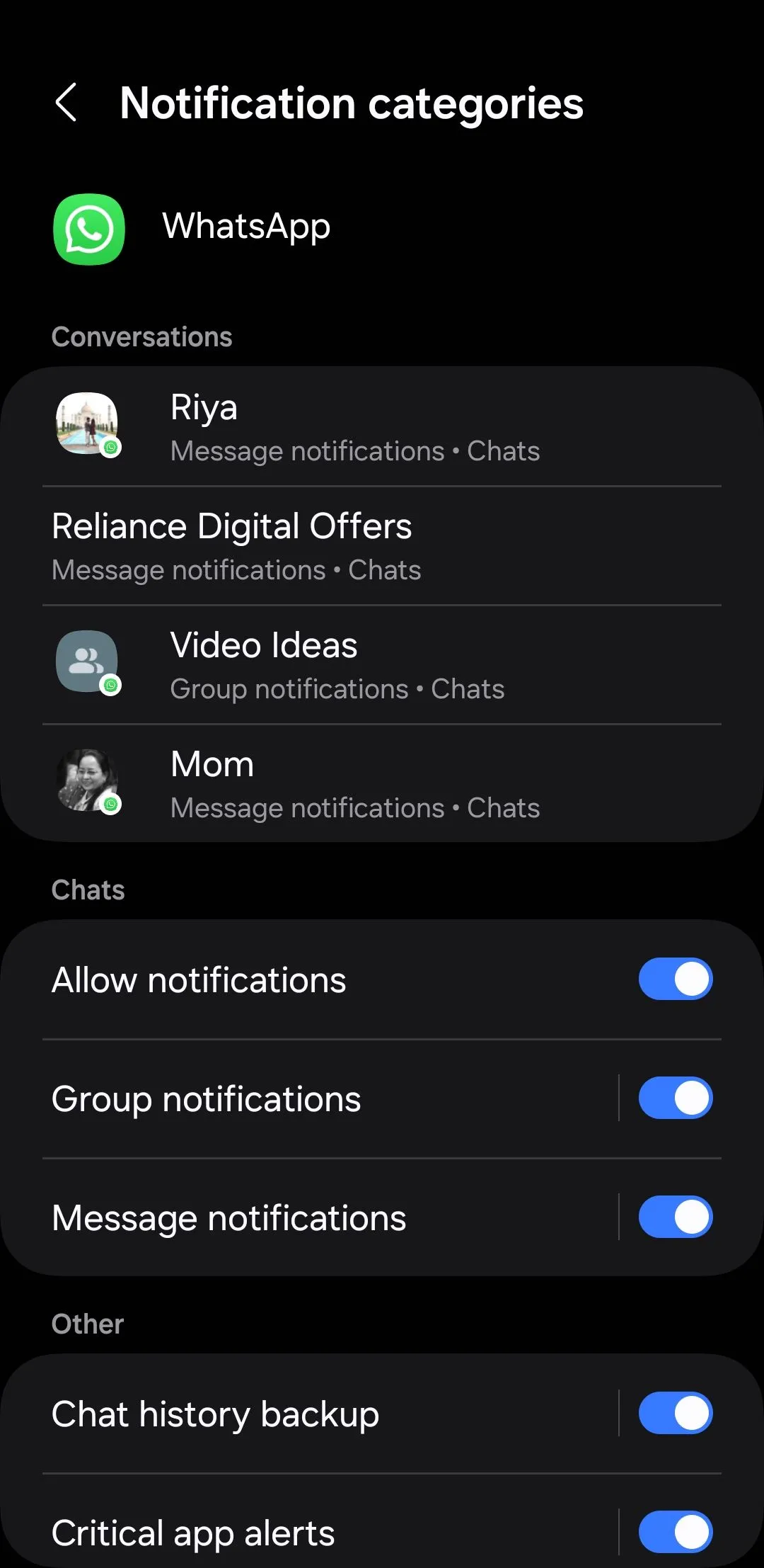Tùy chỉnh các danh mục thông báo cho ứng dụng WhatsApp trên Android