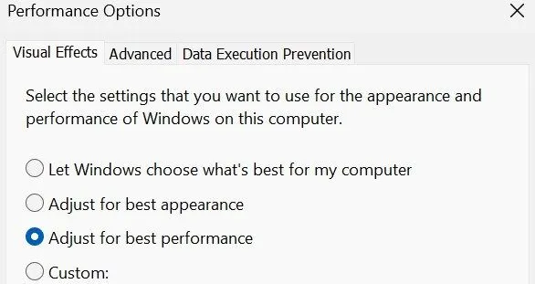 Tùy chỉnh cài đặt hiệu ứng hình ảnh trong cửa sổ Tùy chọn Hiệu suất Windows.