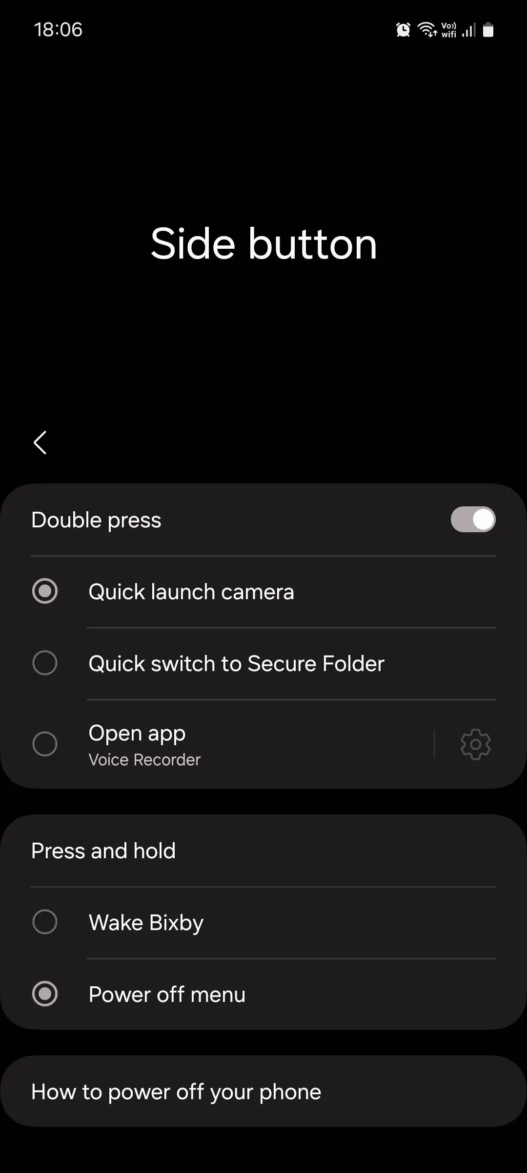 Tùy chỉnh nút cạnh (Side button) trên điện thoại Samsung One UI, chọn menu tắt nguồn