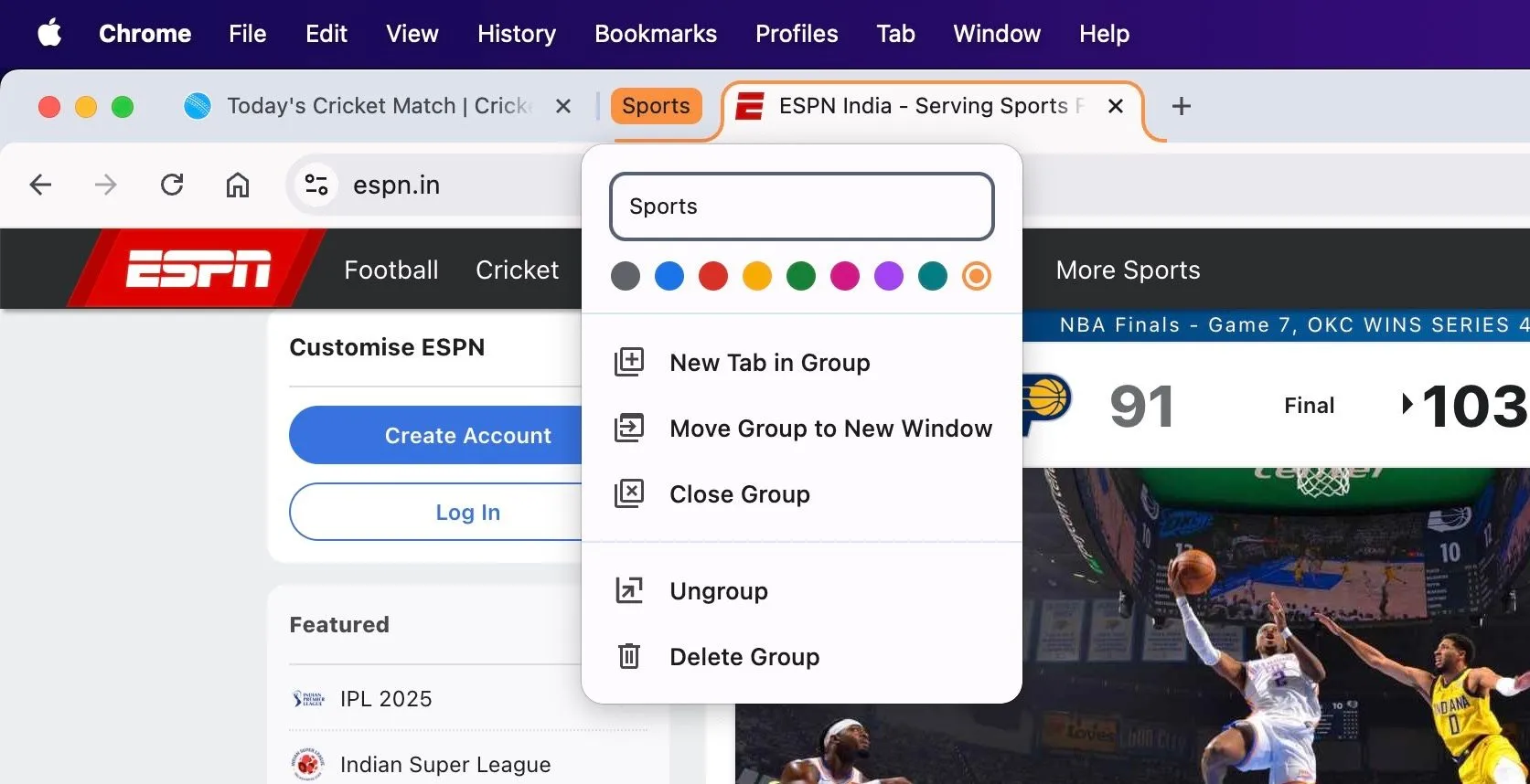 Tùy chỉnh tên và màu sắc cho nhóm tab Chrome mới trên giao diện máy tính.
