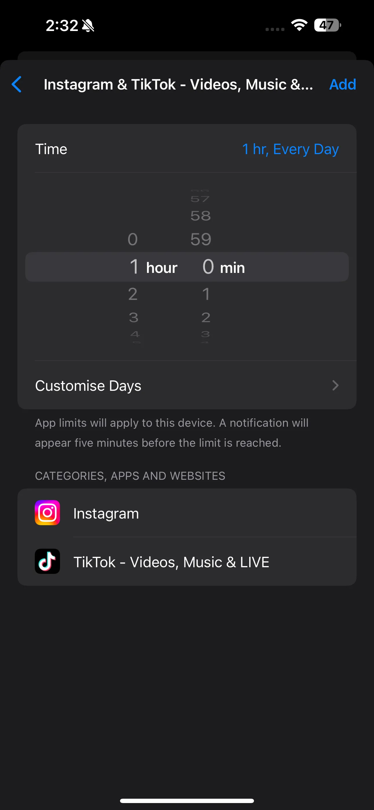 Tùy chỉnh thời gian giới hạn và ngày áp dụng cho ứng dụng trong cài đặt Screen Time trên iPhone.