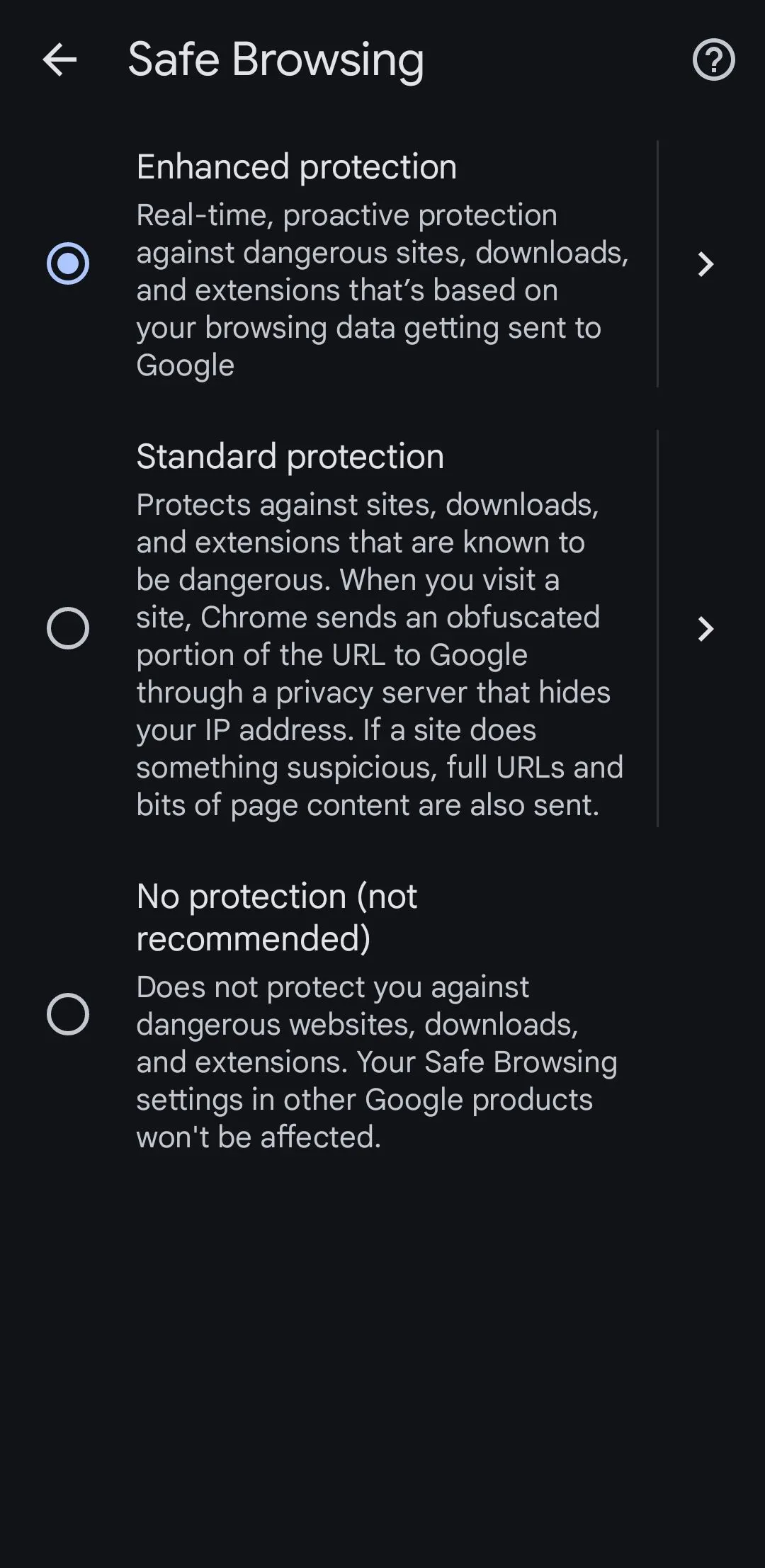 Tùy chọn &quot;Bảo vệ nâng cao&quot; được chọn trong cài đặt Duyệt web an toàn của Google Chrome trên Android.