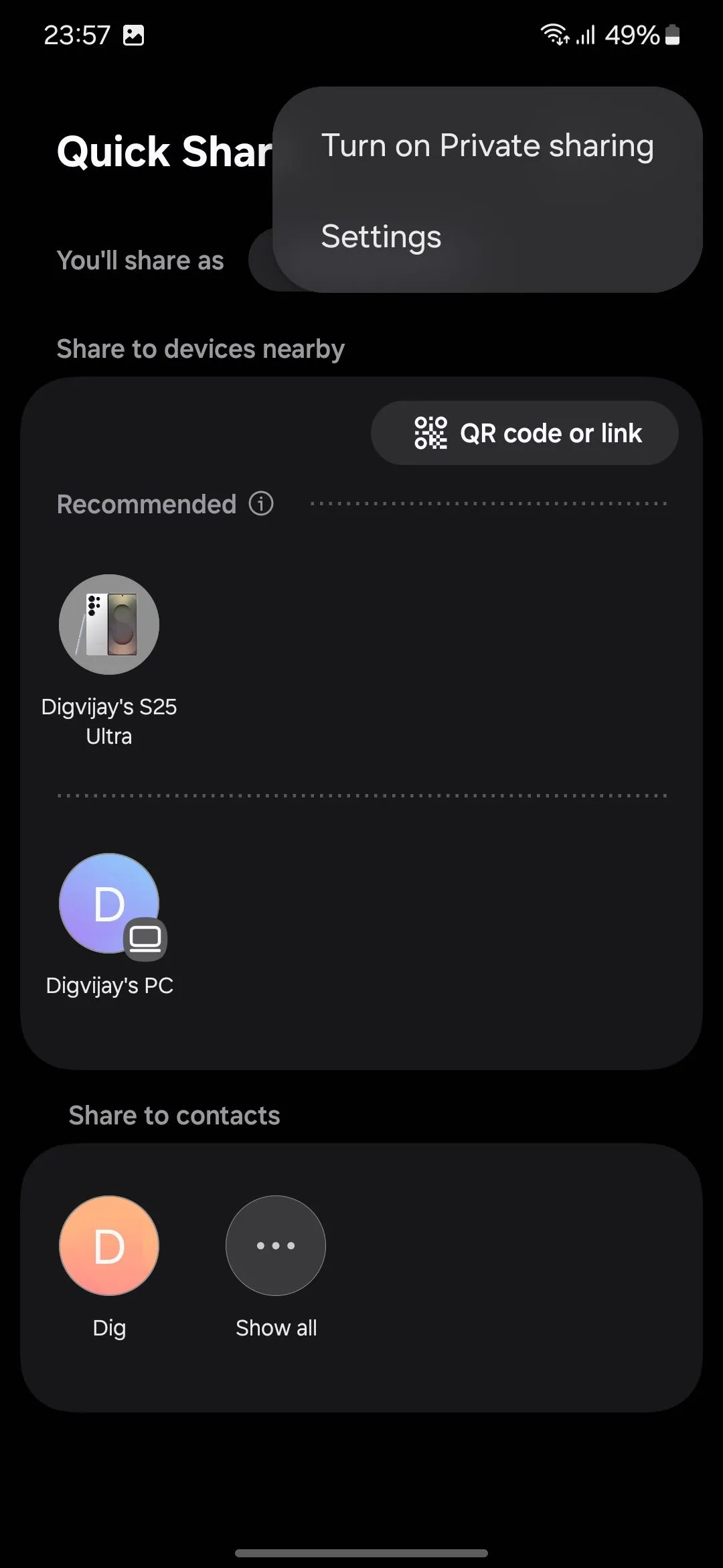 Tùy chọn &quot;Bật chia sẻ riêng tư&quot; (Turn on Private sharing) hiển thị trong menu Quick Share của Samsung Galaxy, tăng cường bảo mật dữ liệu.