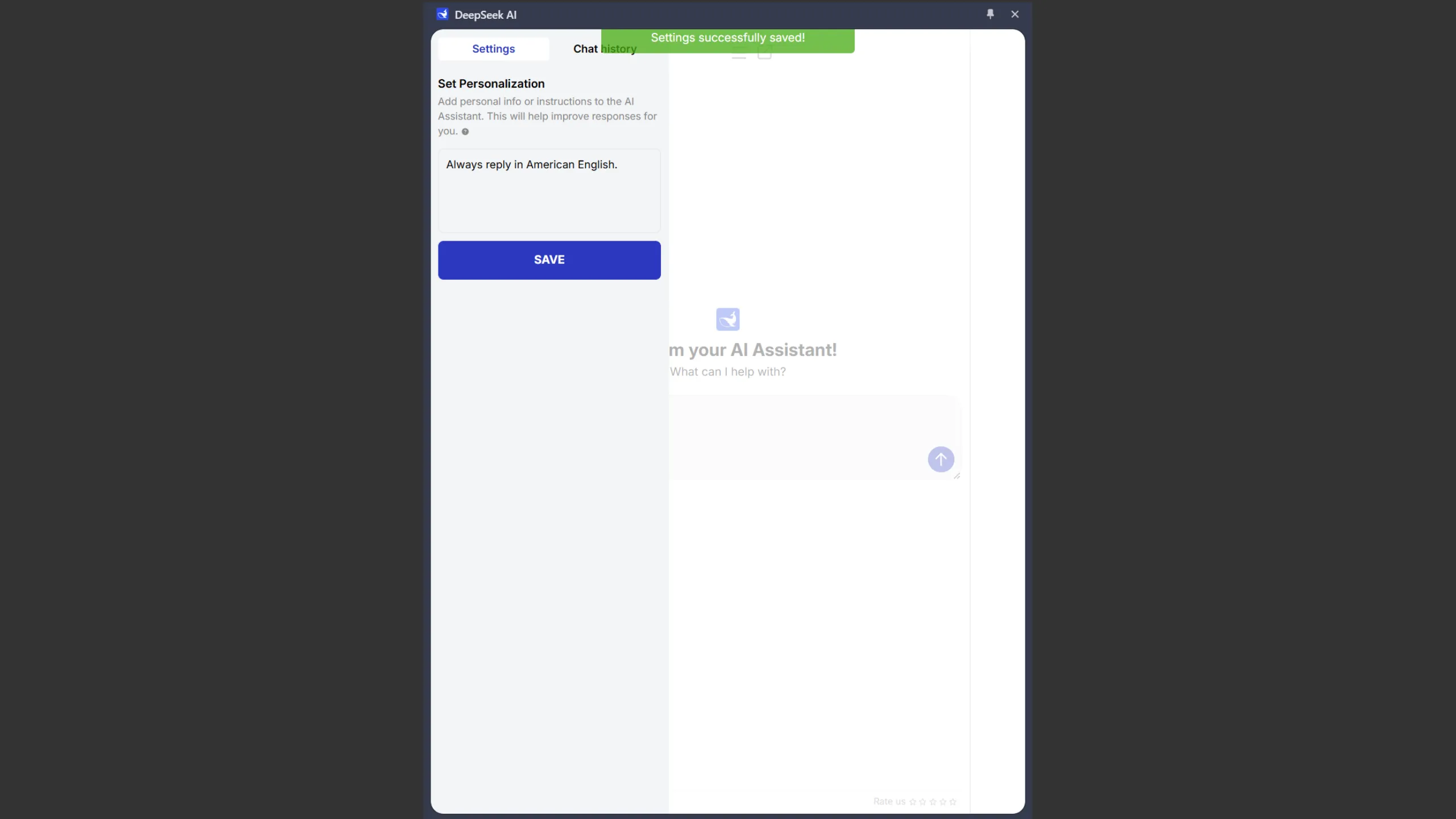 Tùy chọn cá nhân hóa trên tiện ích DeepSeek AI của deepseekai.works hiển thị thanh bên và cài đặt tùy chỉnh để điều chỉnh phản hồi AI.