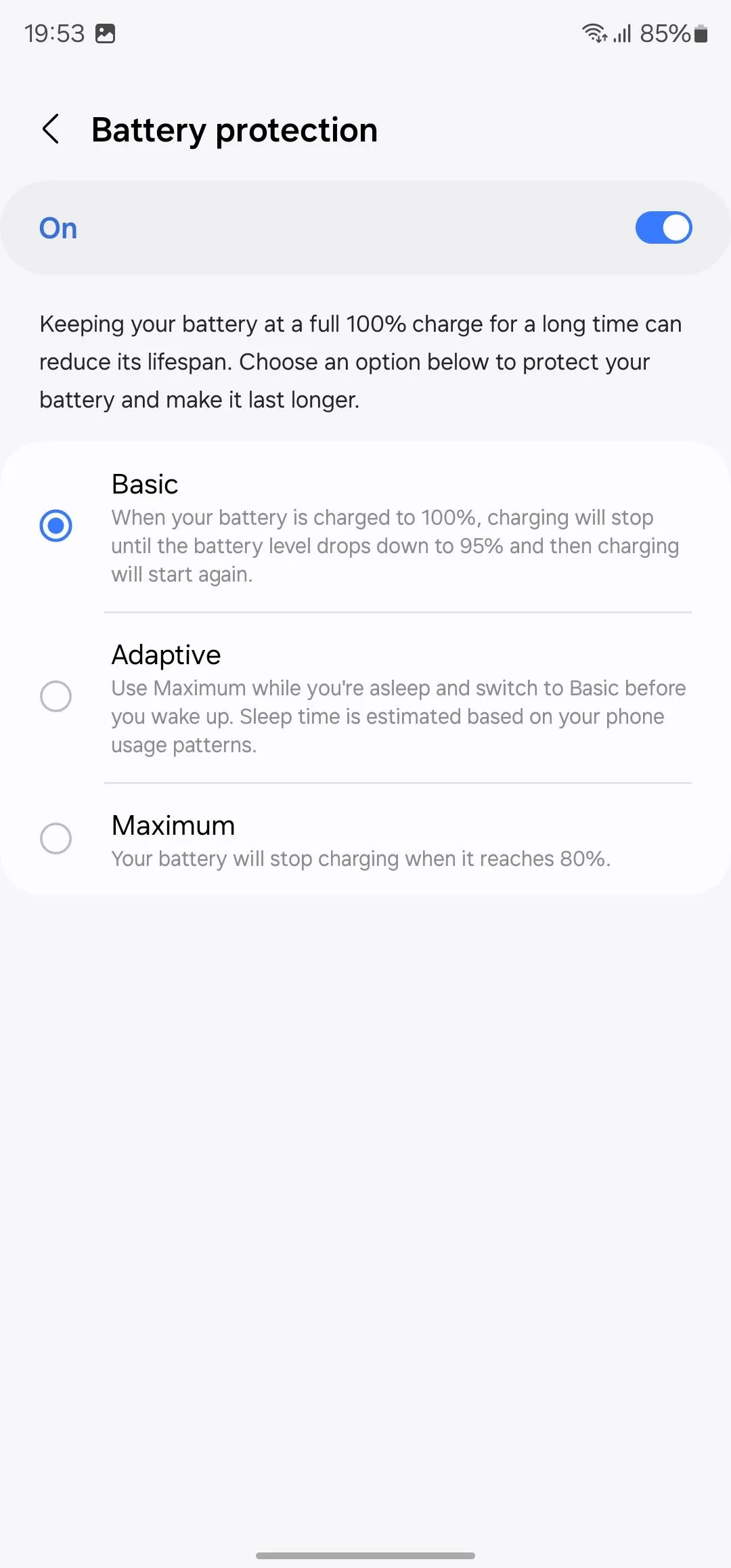 Tùy chọn cài đặt bảo vệ pin trên điện thoại Samsung Galaxy