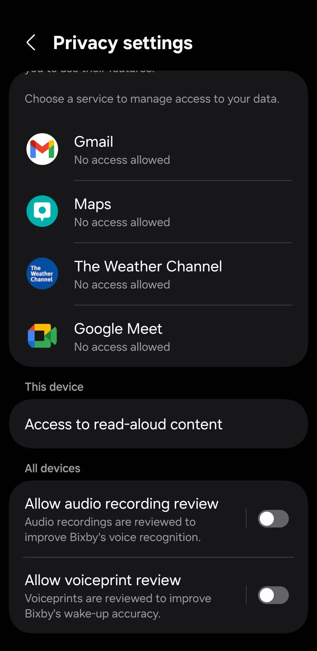 Tùy chọn cài đặt riêng tư của trợ lý ảo Bixby