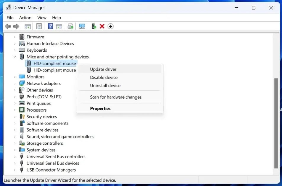 Tùy chọn &quot;Cập nhật Driver&quot; cho chuột trong cửa sổ Quản lý Thiết bị (Device Manager) trên Windows.