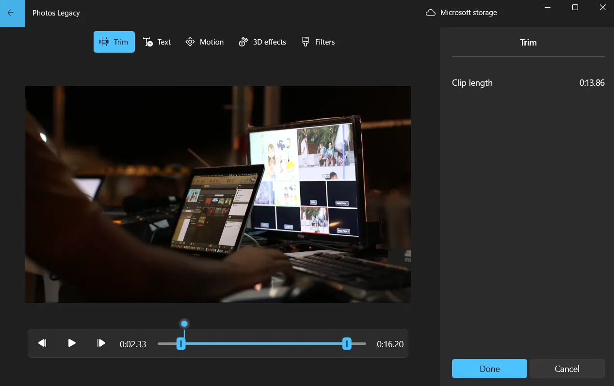 Tùy chọn cắt video trong trình chỉnh sửa video Photos Legacy của Windows